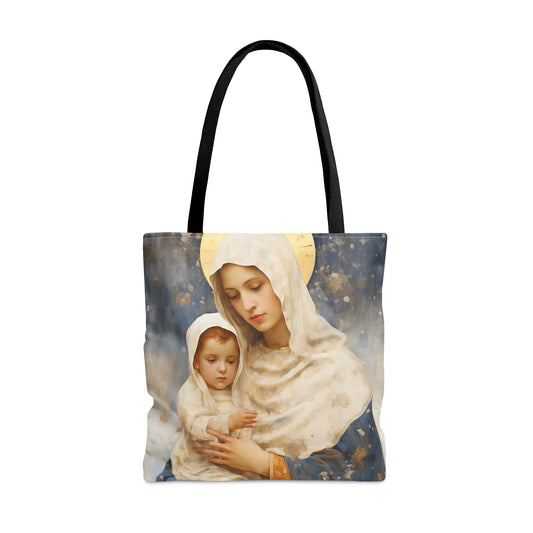 Winter's Grace : Our Lady of the Snows Tote Bag - Catholic faith inspired carry-all purse - day to day bag - Double Sided