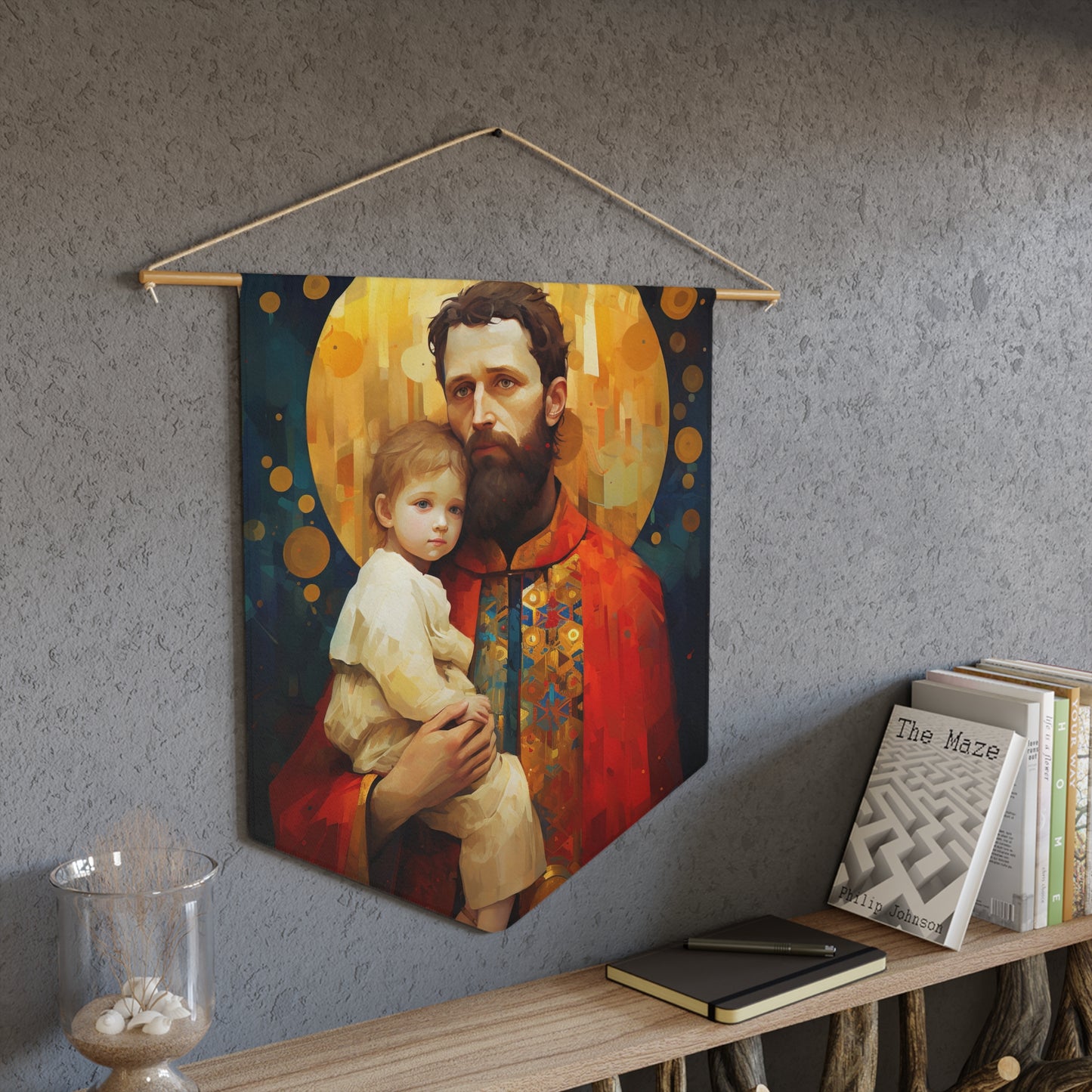 Saint Christopher and the Christ Child Wall Banner / Wall Hanging / Pennant - Religious Wall Tapestry - Catholic Art - 18" x 21"