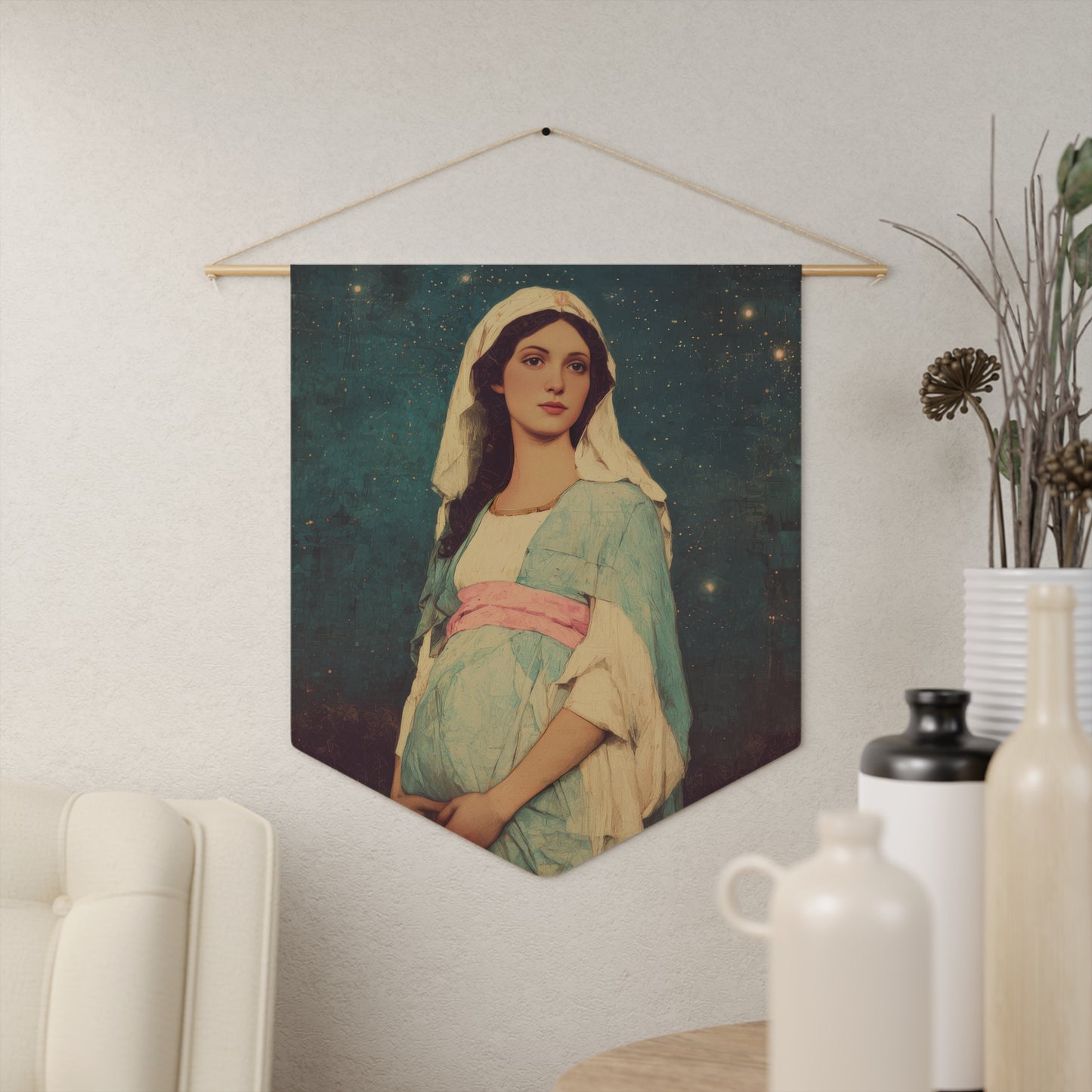 Our Lady of 'O' - Our Lady of Expectation - Mother Mary - Marian Art - Pennant / Banner / Wall Hanging - Catholic Art - Large - 18" x 21"