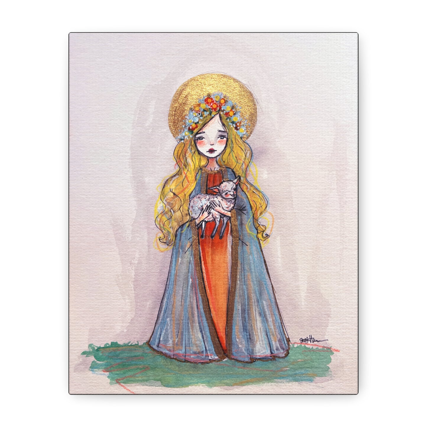 Saint Agnes of Rome Catholic Canvas Print | Christian Sacred Art | Hand-Drawn Watercolor Devotional Wall Art Religious Artwork