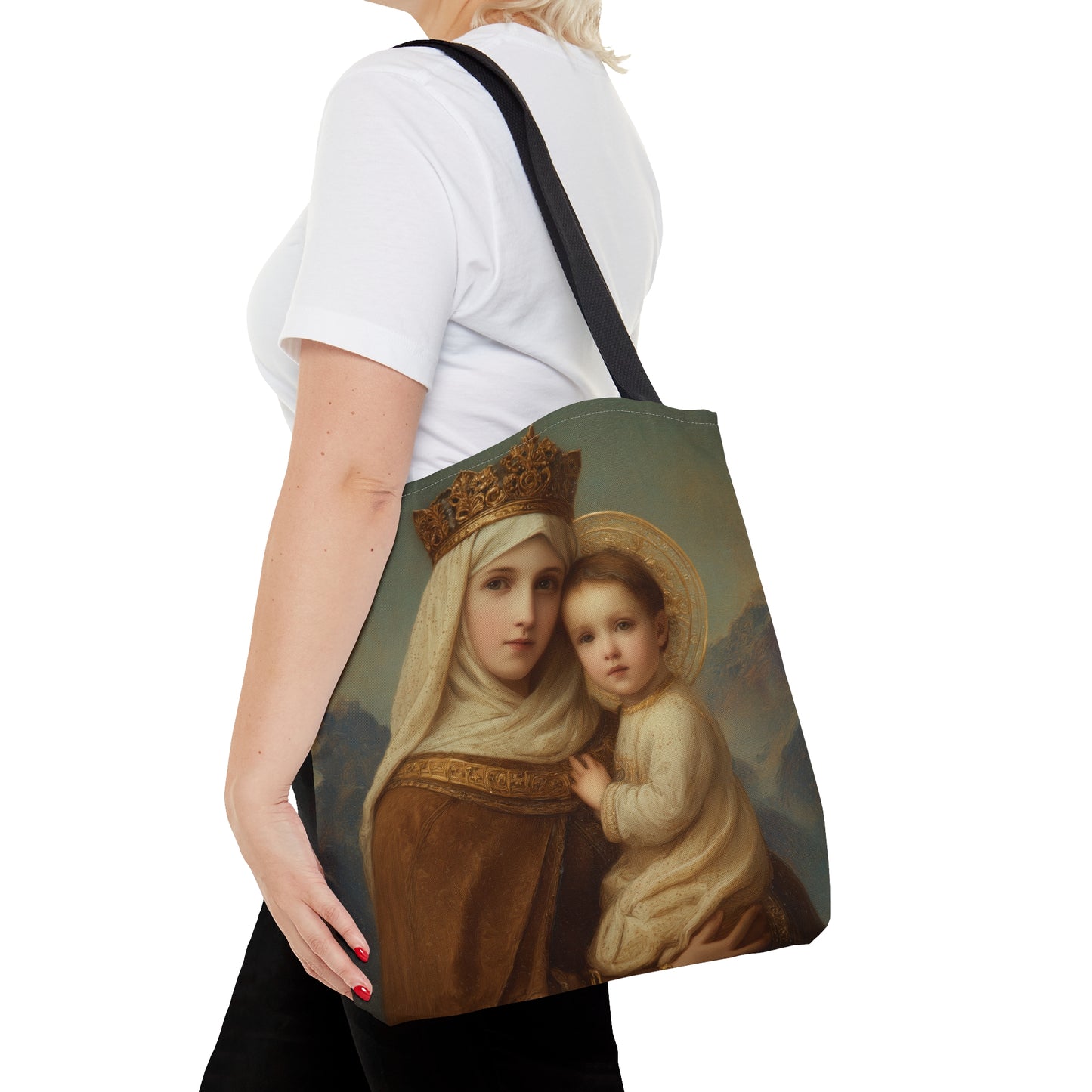 A Cord Between Heaven and Earth - Our Lady of Mount Carmel Tote Bag - Large Medium Small Faith Art Bag - Catholic Faith Purse - Double Sided