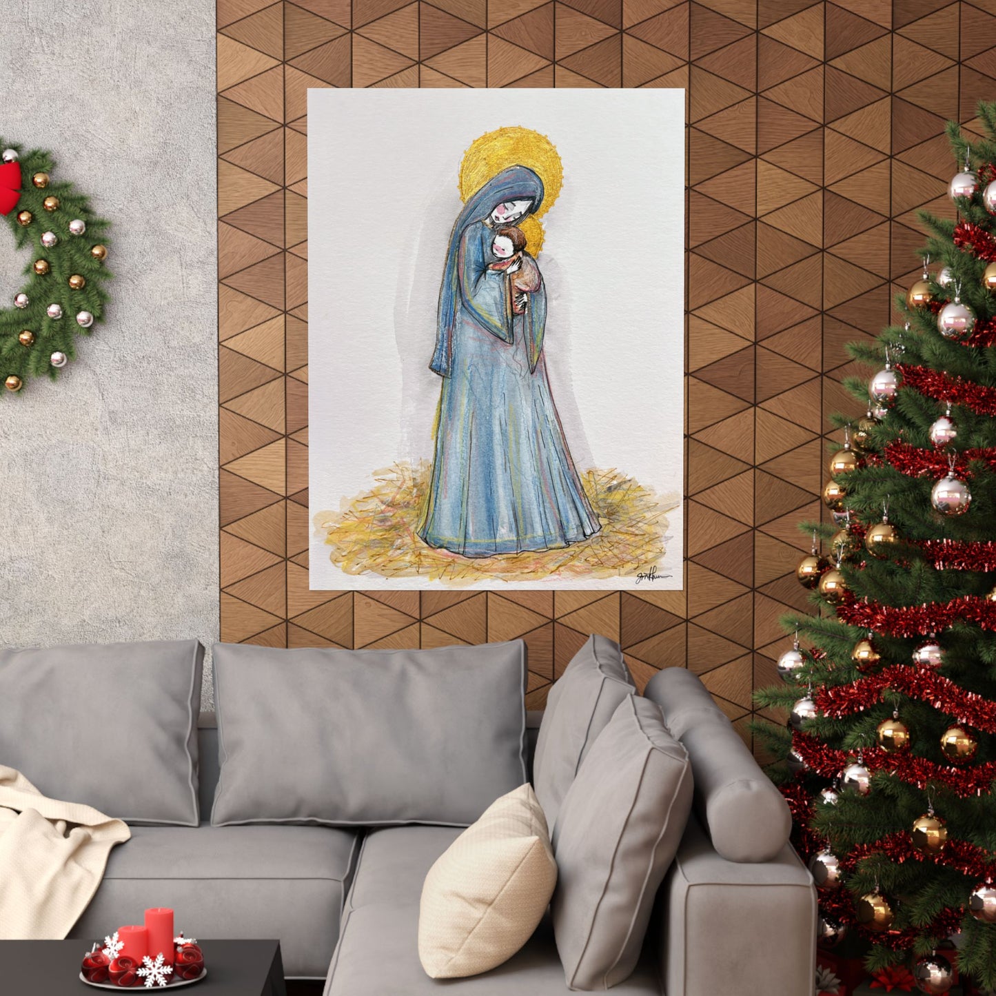 Our Lady of the Manger Catholic Art Print | Hand-Drawn Watercolor Virgin Mary Artwork | Christian Devotional Wall Art
