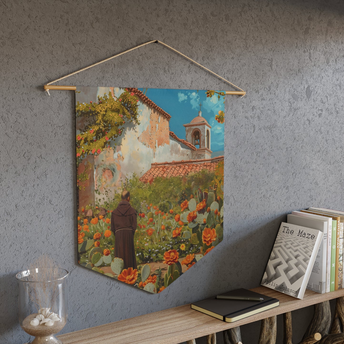 Saint Junípero Serra Pennant / Banner / Wall Hanging - Prayer room art - Catholic Home - Saint Art - 18" x 21" - Santa Barbara Mission