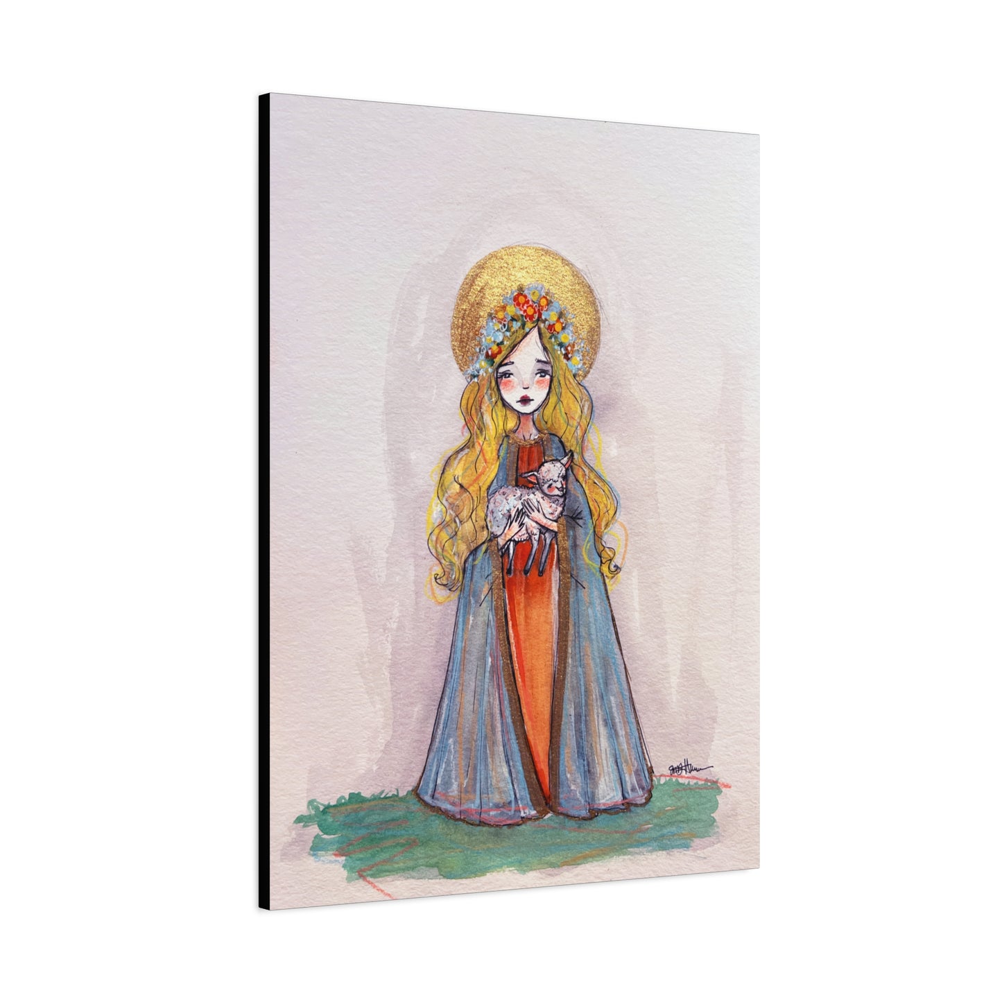 Saint Agnes of Rome Catholic Canvas Print | Christian Sacred Art | Hand-Drawn Watercolor Devotional Wall Art Religious Artwork
