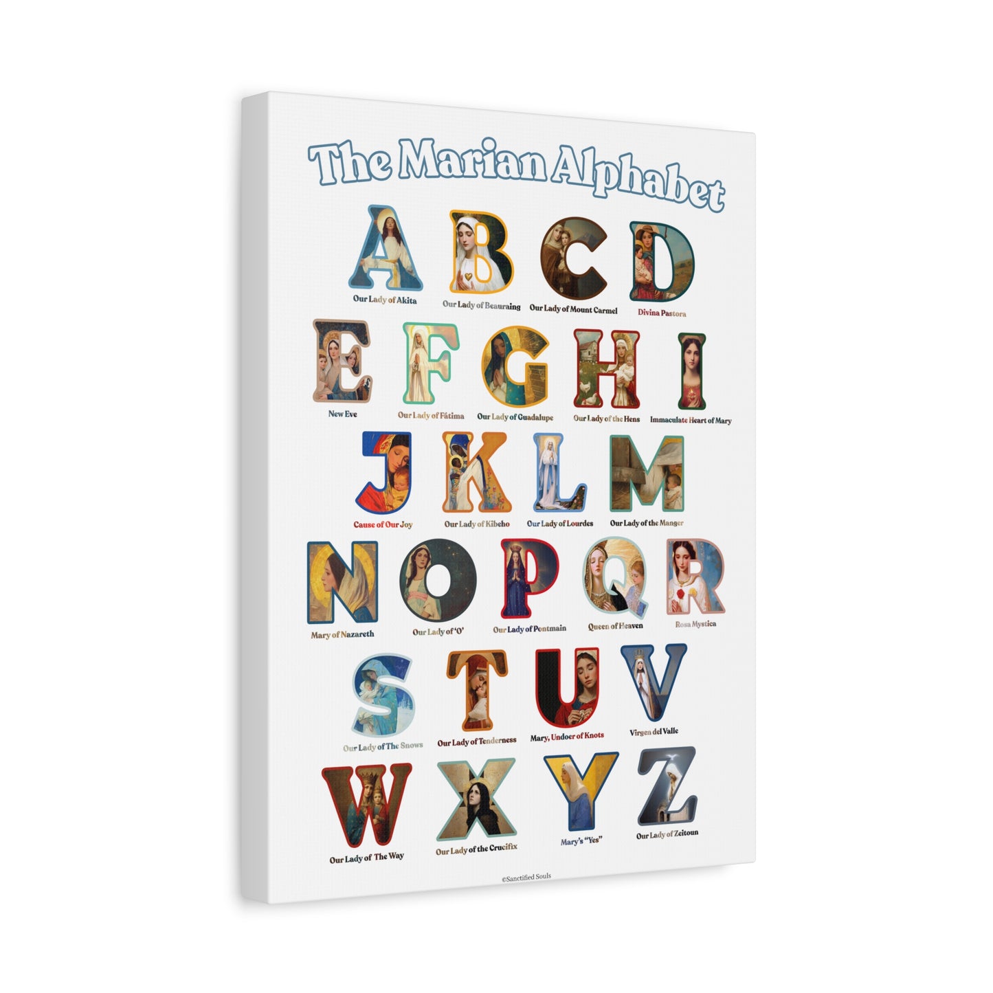 Catholic Marian Alphabet ABC Canvas - Full Alphabet Large Canvas - Catholic ABC Mary - Marian Titles - Catholic Nursery / Homeschool