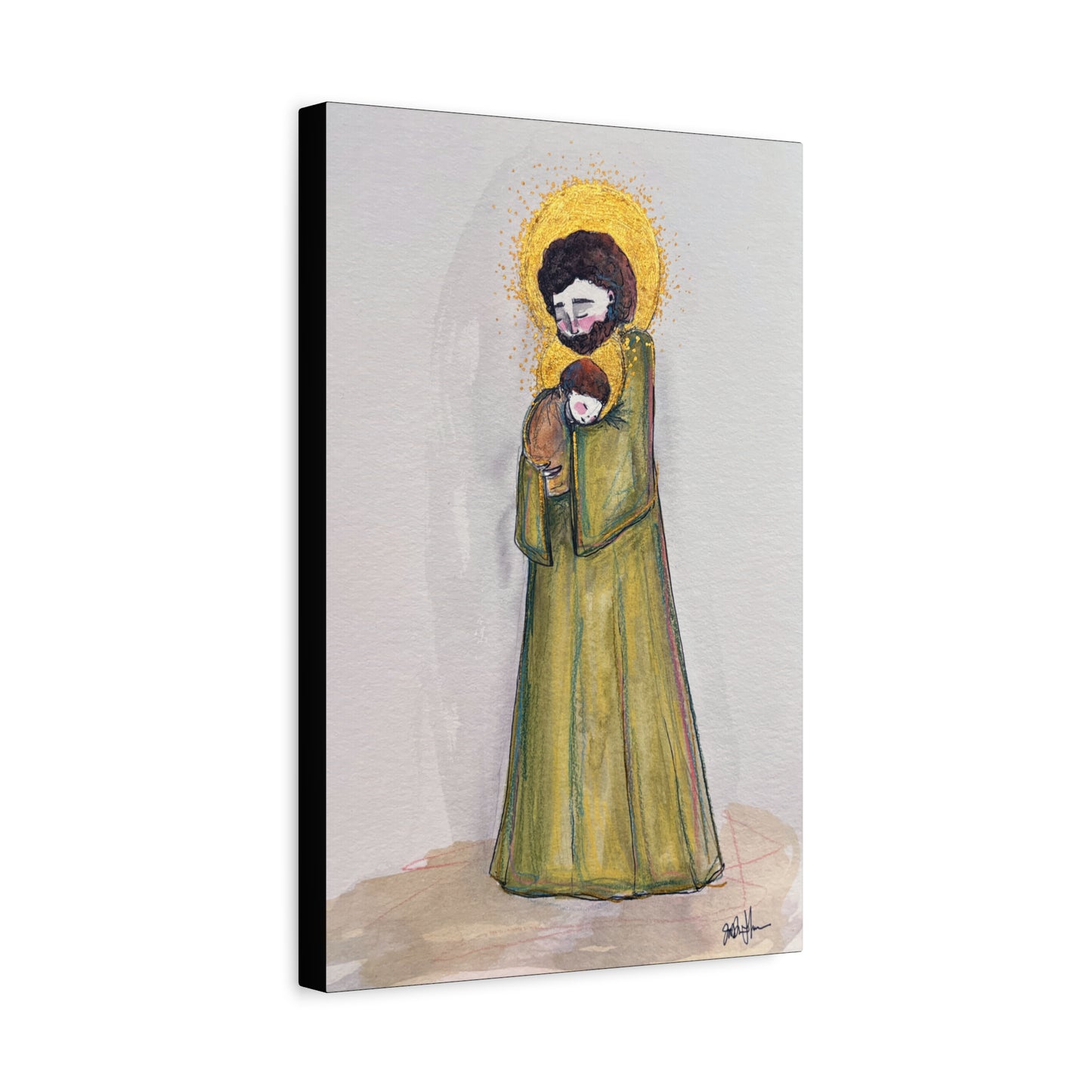 Saint Joseph and Child Jesus Catholic Canvas Print | Hand-Drawn Watercolor Sacred Art | Christian Devotional Wall Art