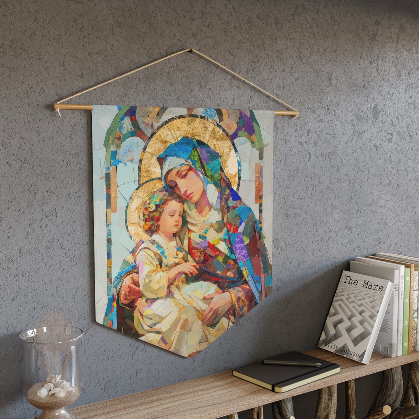 Virgin Mary - Light of All Saints Pennant / Banner / Wall Hanging - Prayer room art - 18" x 21" - Catholic Gift
