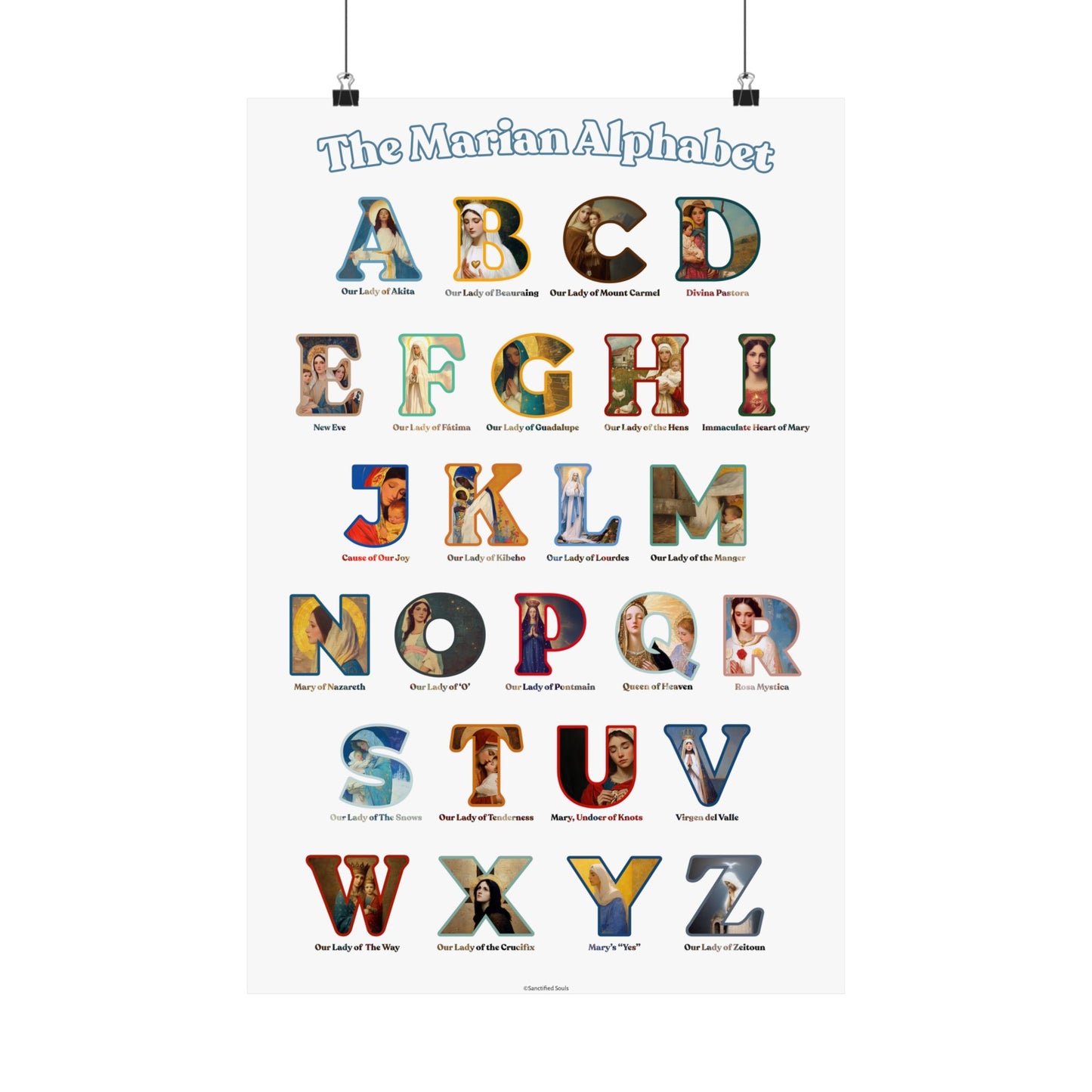 Catholic Marian Alphabet Poster - ABC Wall Art - Marian Titles Catholic Print - Catholic Nursery or Homeschool Faith Decor - Mother Mary Art