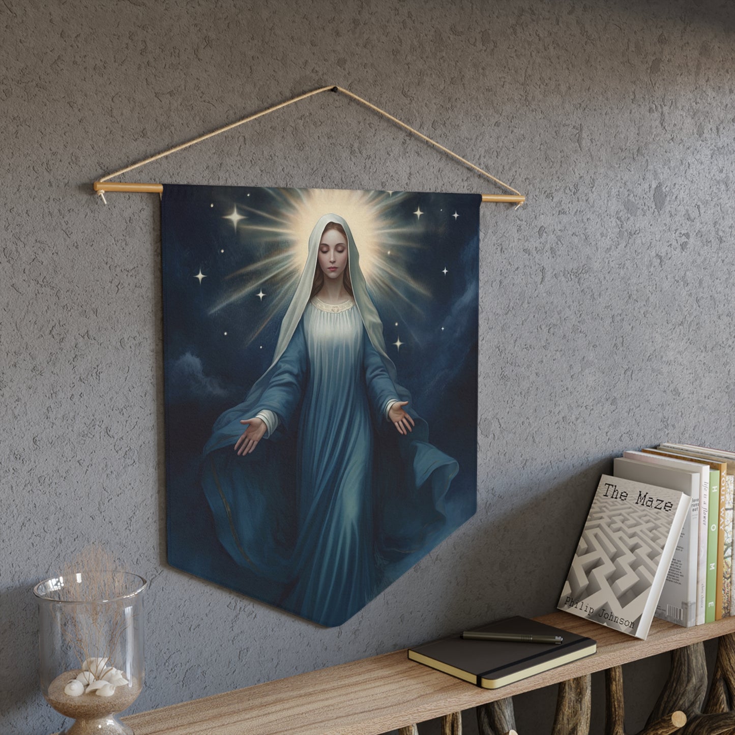Our Lady Star of the Sea Pennant / Banner / Wall Hanging - Prayer room art - Catholic Home Art - Large Saint Art for your home - 18" x 21"