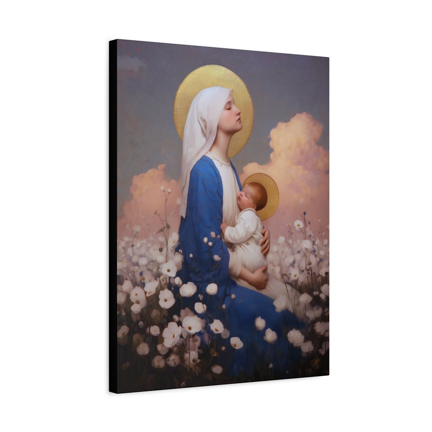 Mother Mary - Our Lady Among the Flowers -  Museum Wrapped Canvas - Sanctified Souls Print - Religious Art for your Home - Catholic Mother Mary Art