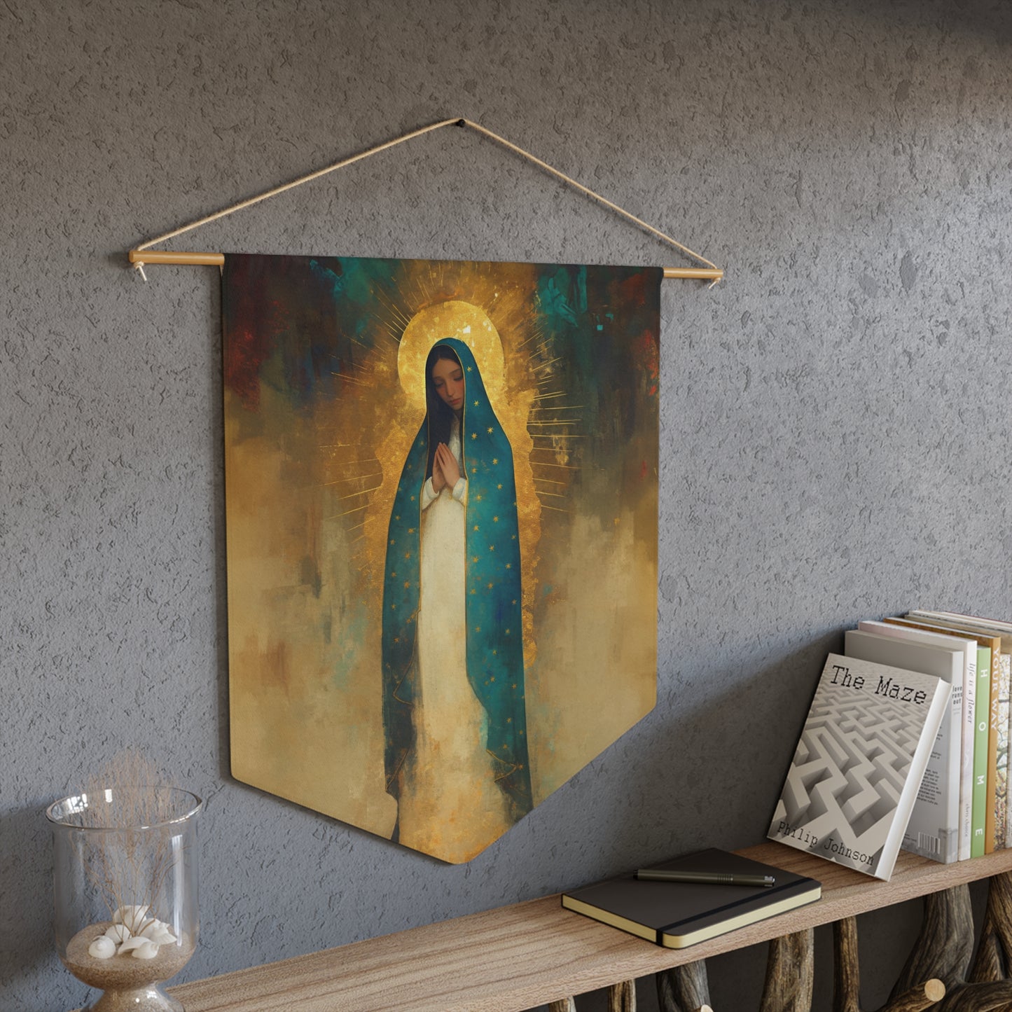 Flower of the new World - Our Lady of Guadalupe Pennant / Banner / Wall Hanging - Prayer room art - Catholic Home - 18" x 21"