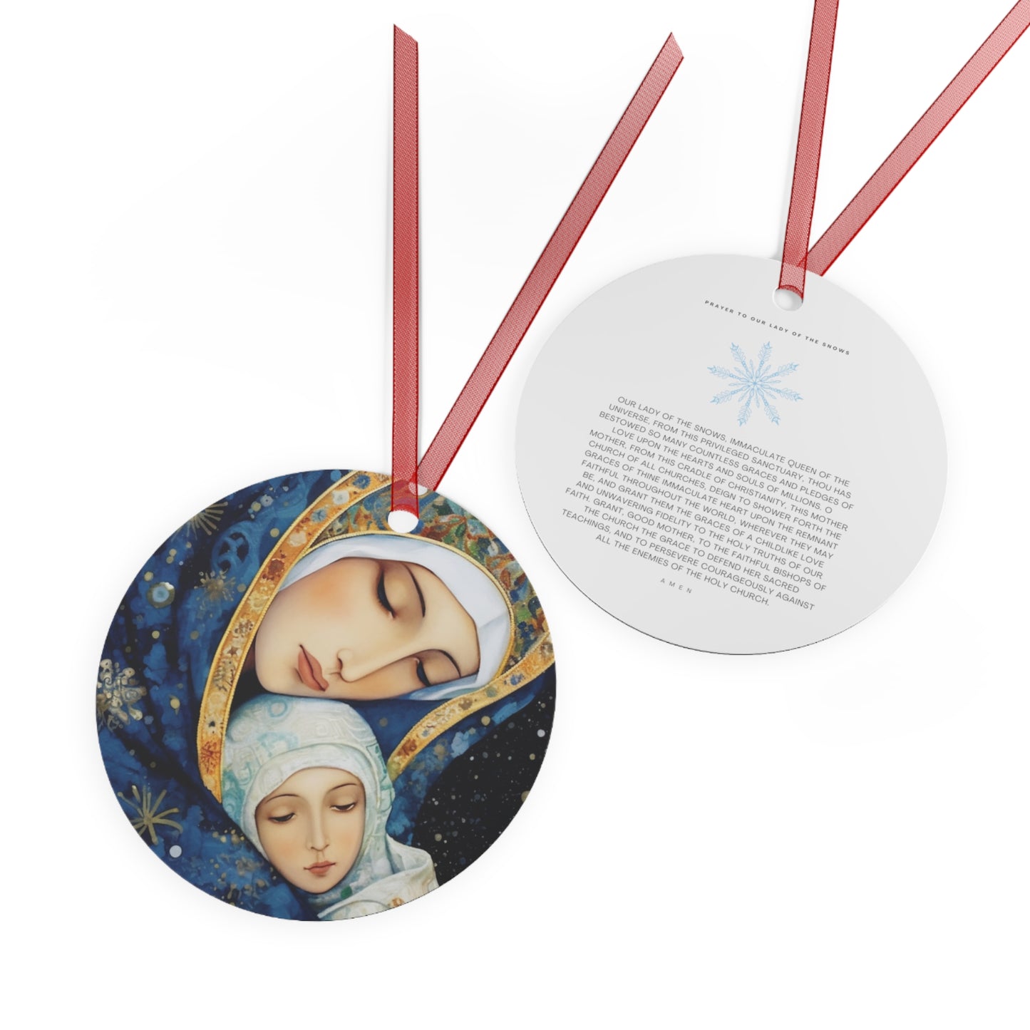 Snowfall's Embrace- Our Lady's Tender Care Metal Ornament - Religious Holiday Christmas Ornament and Keepsake - Double sided