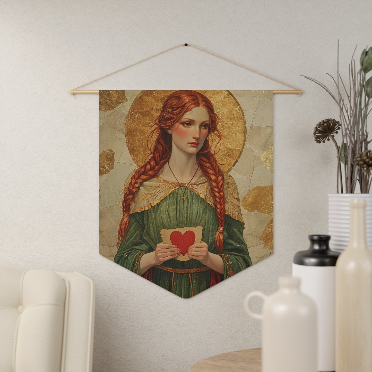 Saint Dwynwen Pennant / Banner / Wall Hanging - Prayer room art - Catholic Home Art - Large Saint Art for your home - 18" x 21"