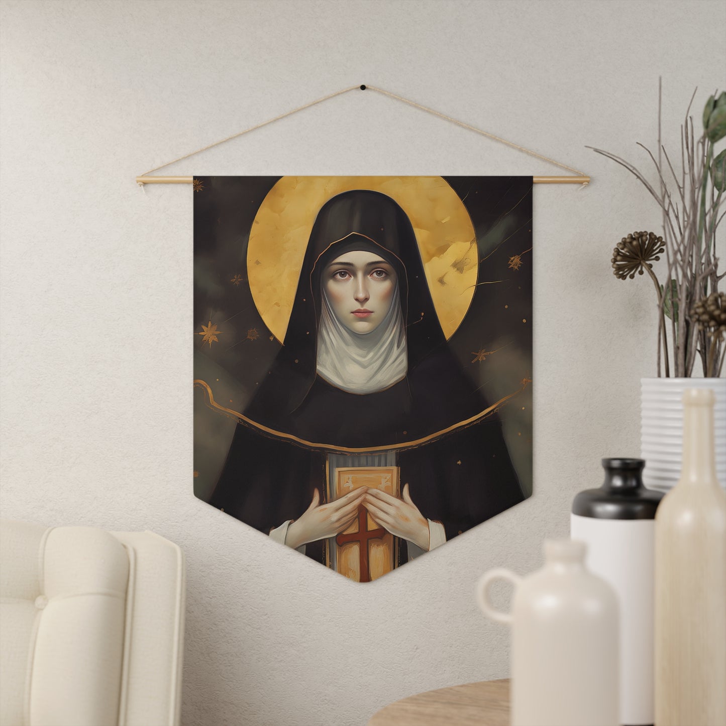 Saint Scholastica Wall Banner / Wall Hanging - Prayer room art - Catholic Home Art - Large Saint Art for your home - 18" x 21"