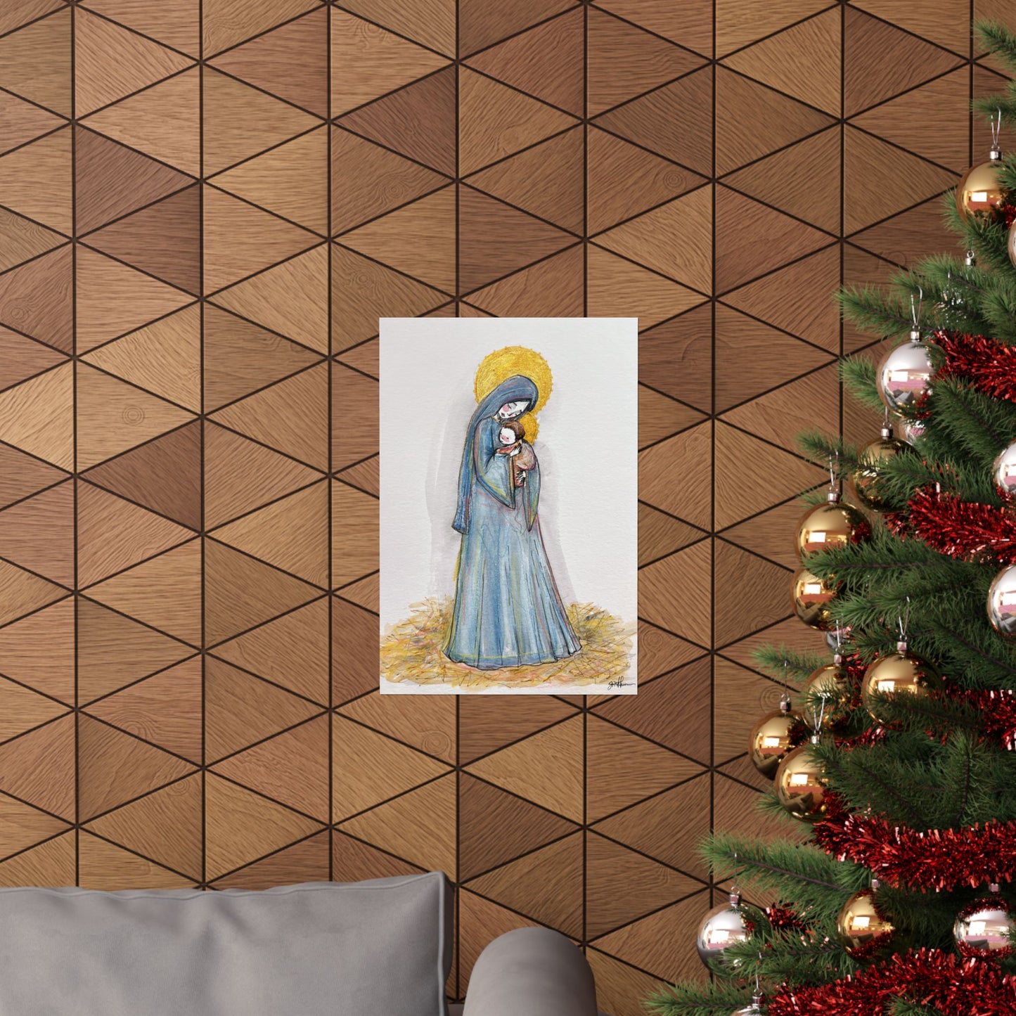 Our Lady of the Manger Catholic Art Print | Hand-Drawn Watercolor Virgin Mary Artwork | Christian Devotional Wall Art