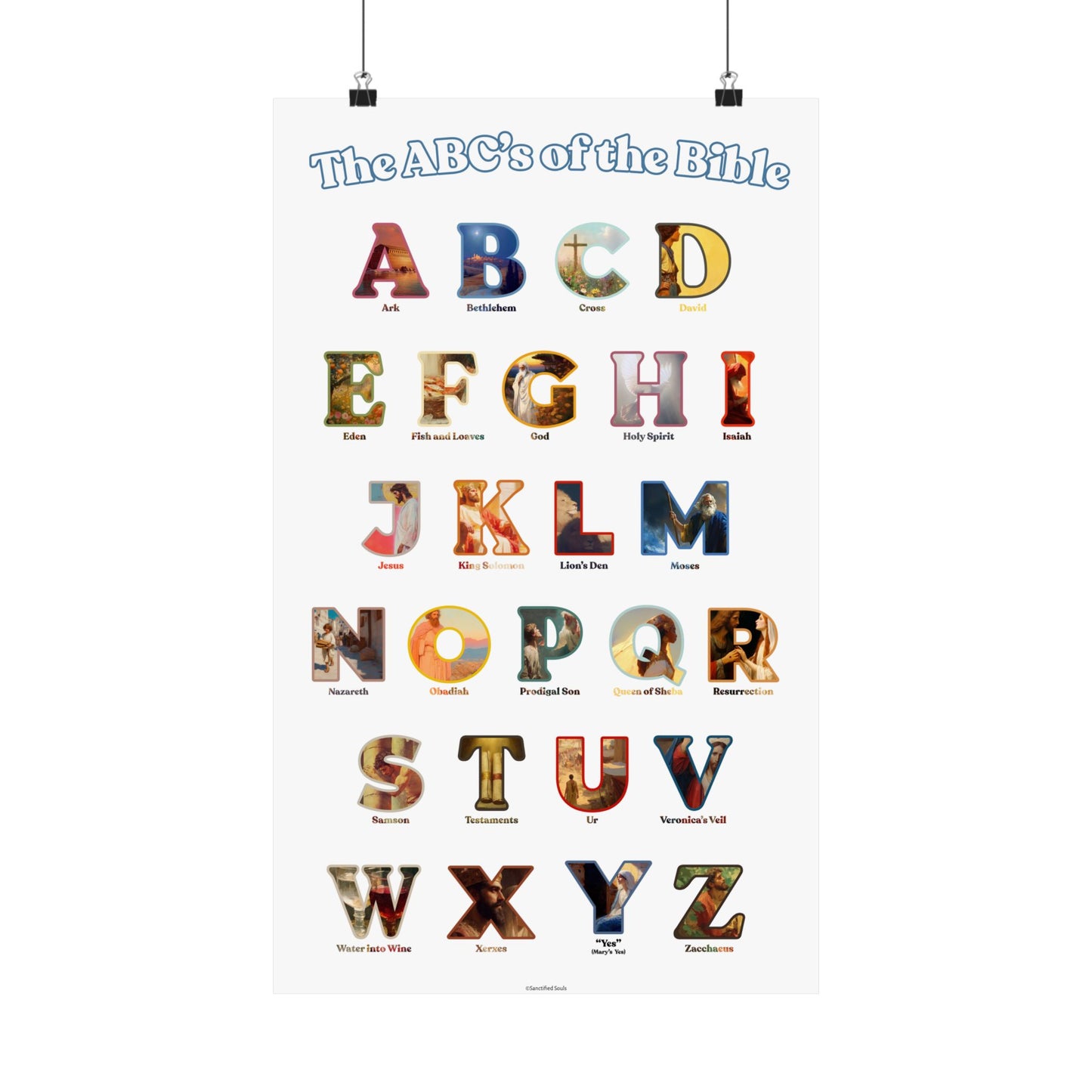 Bible ABC Poster - ABCs of the Bible Wall Art - Biblical People Places and Stories Chart - Christian Homeschool or Sunday School Decor