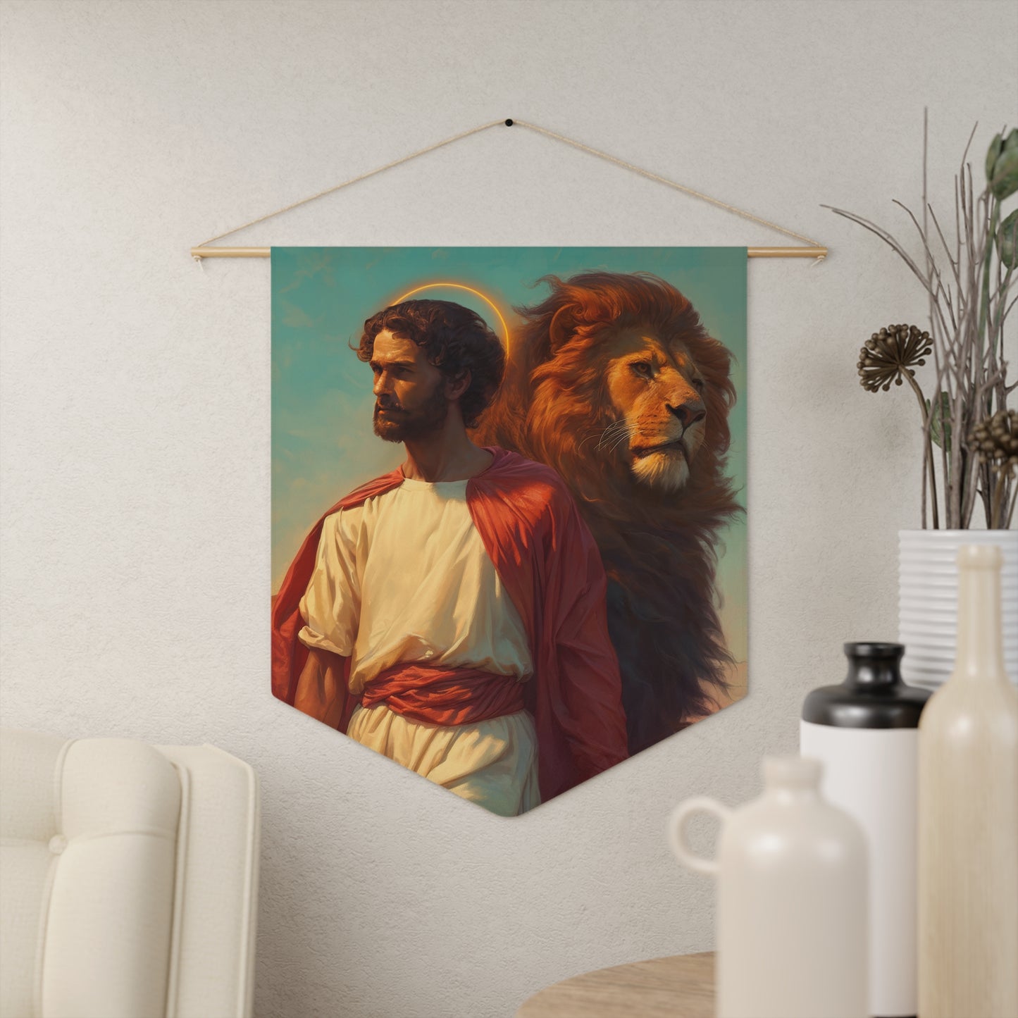 Saint Mark the Evangelist Pennant / Banner / Wall Hanging - Prayer room art - 18" x 21" - Catholic prayer Religious Christian Gift