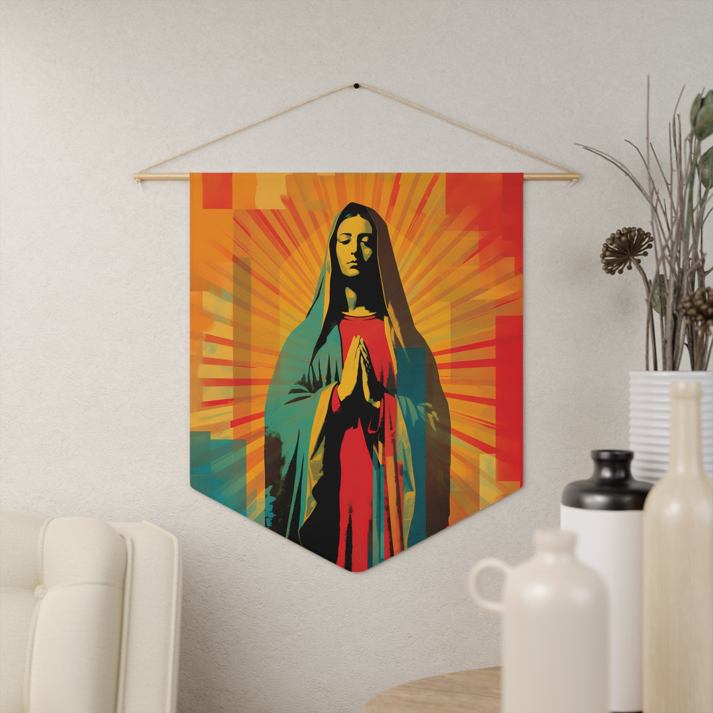 Our Lady of Guadalupe's Radiance Wall Banner / Wall Hanging - Prayer room art - Catholic Home Art - Large Saint Art - 18" x 21"