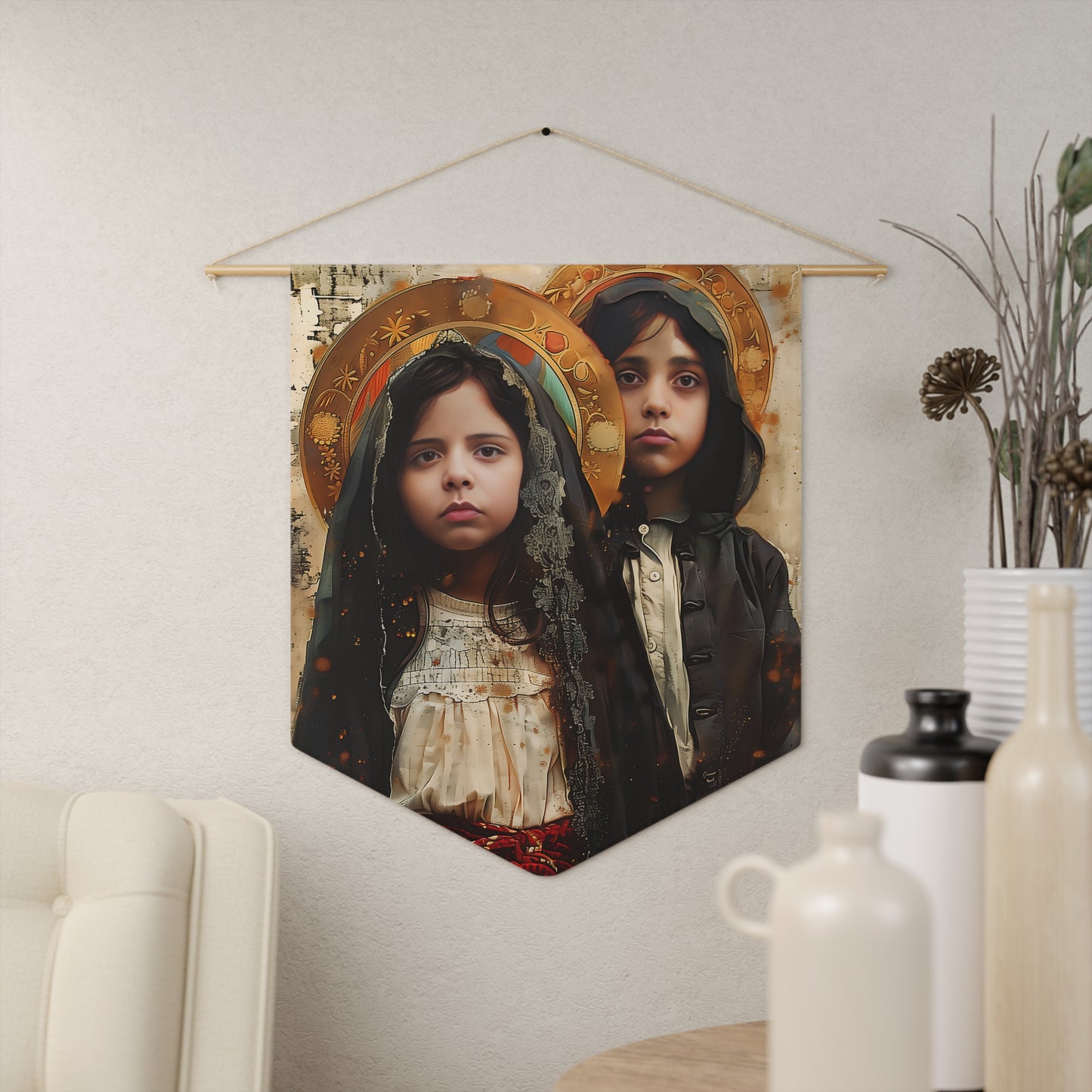 Saints Francisco and Jacinta Marto Wall Banner / Wall Hanging / Pennant - Religious Wall Tapestry - Catholic Art - 18" x 21"