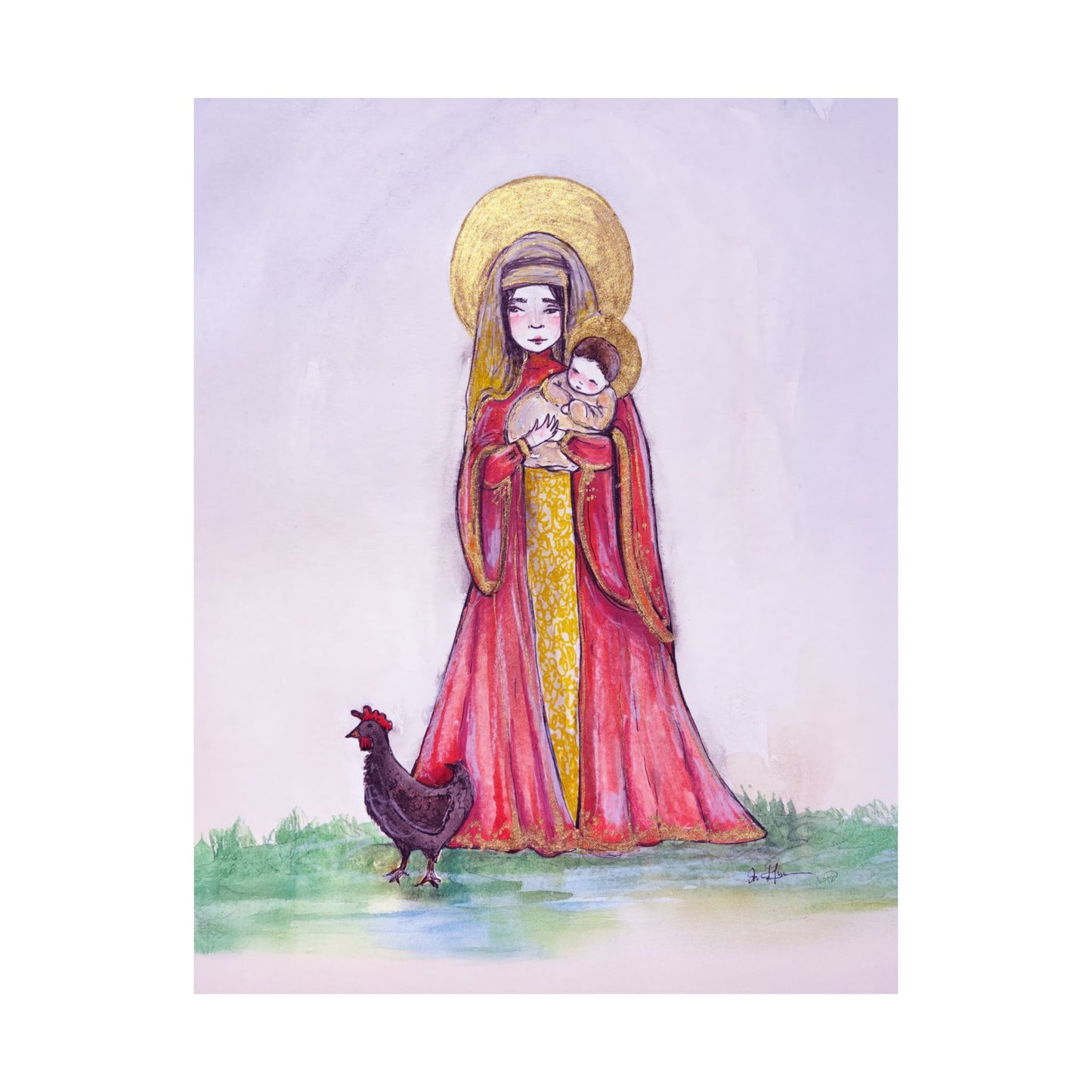 Our Lady of the Hens Catholic Art Print | Hand-Drawn Watercolor Virgin Mary Artwork | Christian Devotional Marian Wall Art