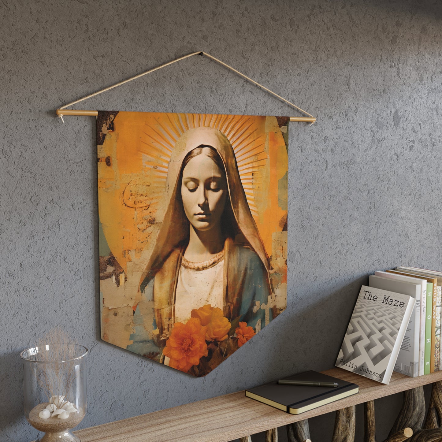 Blessed and Beloved Virgin Mary Wall Banner / Wall Hanging - Prayer room art - Catholic Home -  18" x 21"