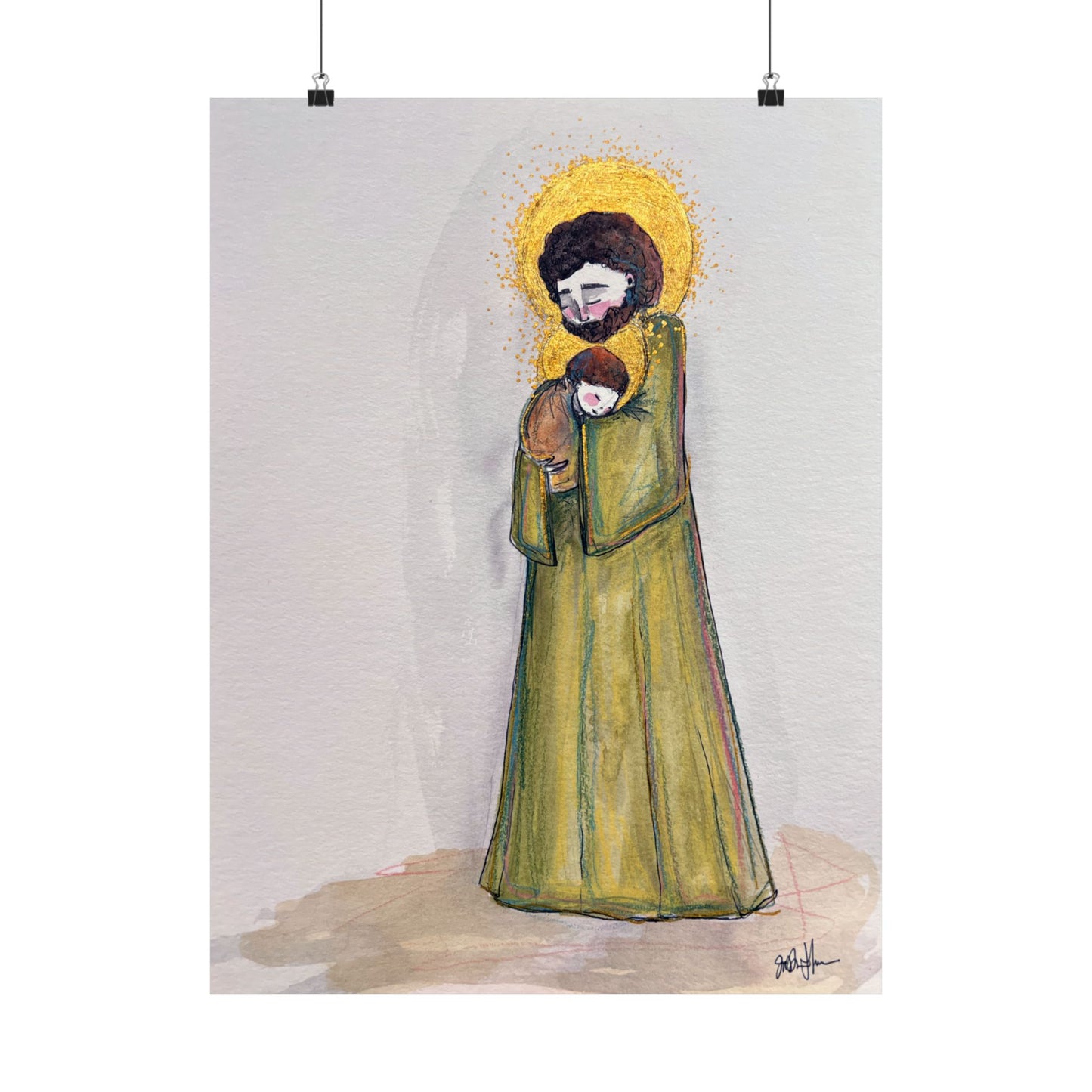 Saint Joseph and Child Jesus Catholic Art Print | Hand-Drawn Watercolor Sacred Artwork | Christian Devotional Wall Art