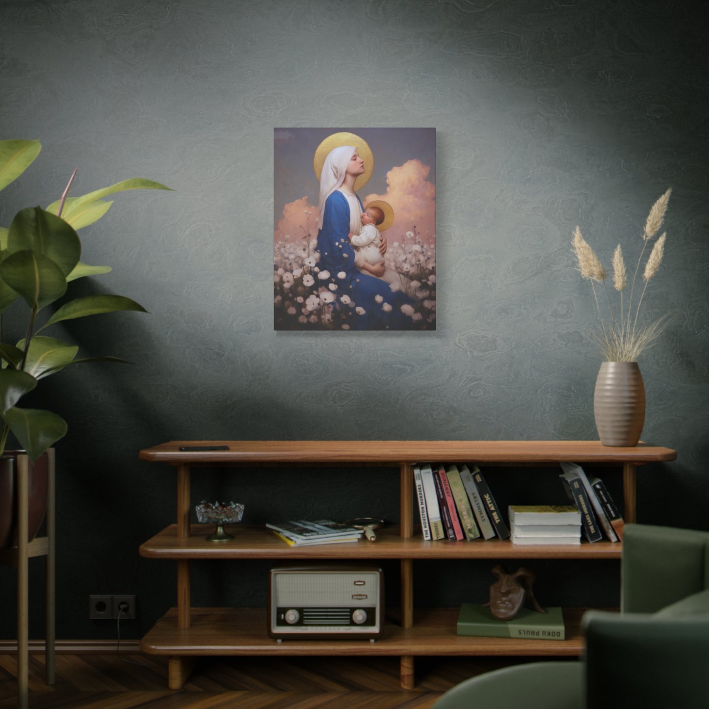 Mother Mary - Our Lady Among the Flowers -  Museum Wrapped Canvas - Sanctified Souls Print - Religious Art for your Home - Catholic Mother Mary Art