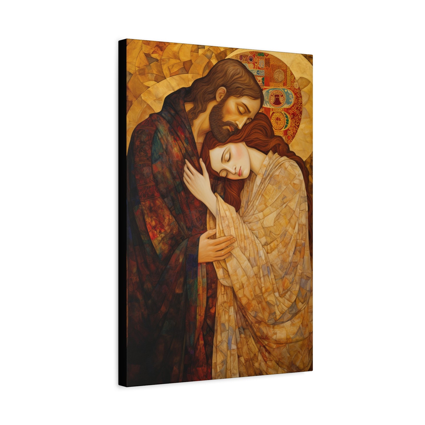 Healing Love- The Embrace of Christ and Mary Magdalene Museum Wrapped Canvas - Sanctified Souls Print -Based on Klimt's The Kiss