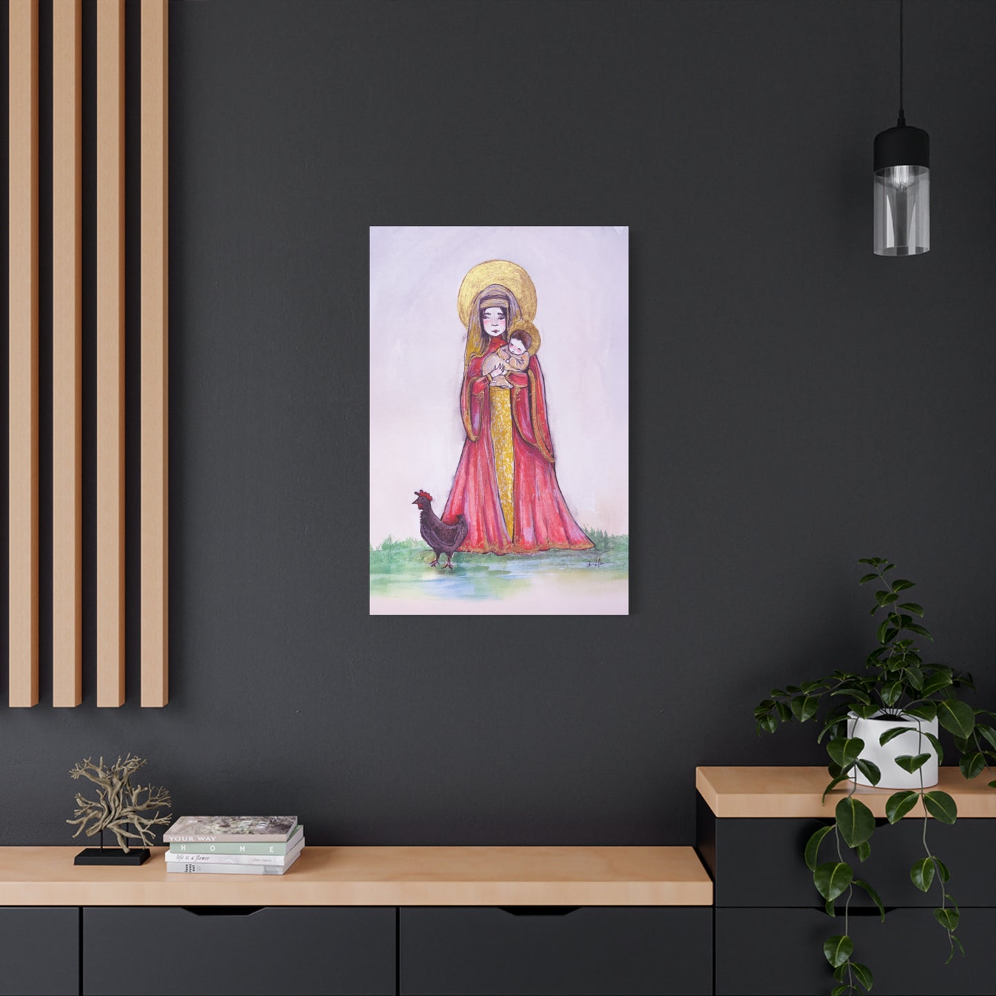 Our Lady of the Hens Catholic Canvas Print | Virgin Mary and Child Sacred Art | Hand-Drawn Watercolor Marian Wall Art