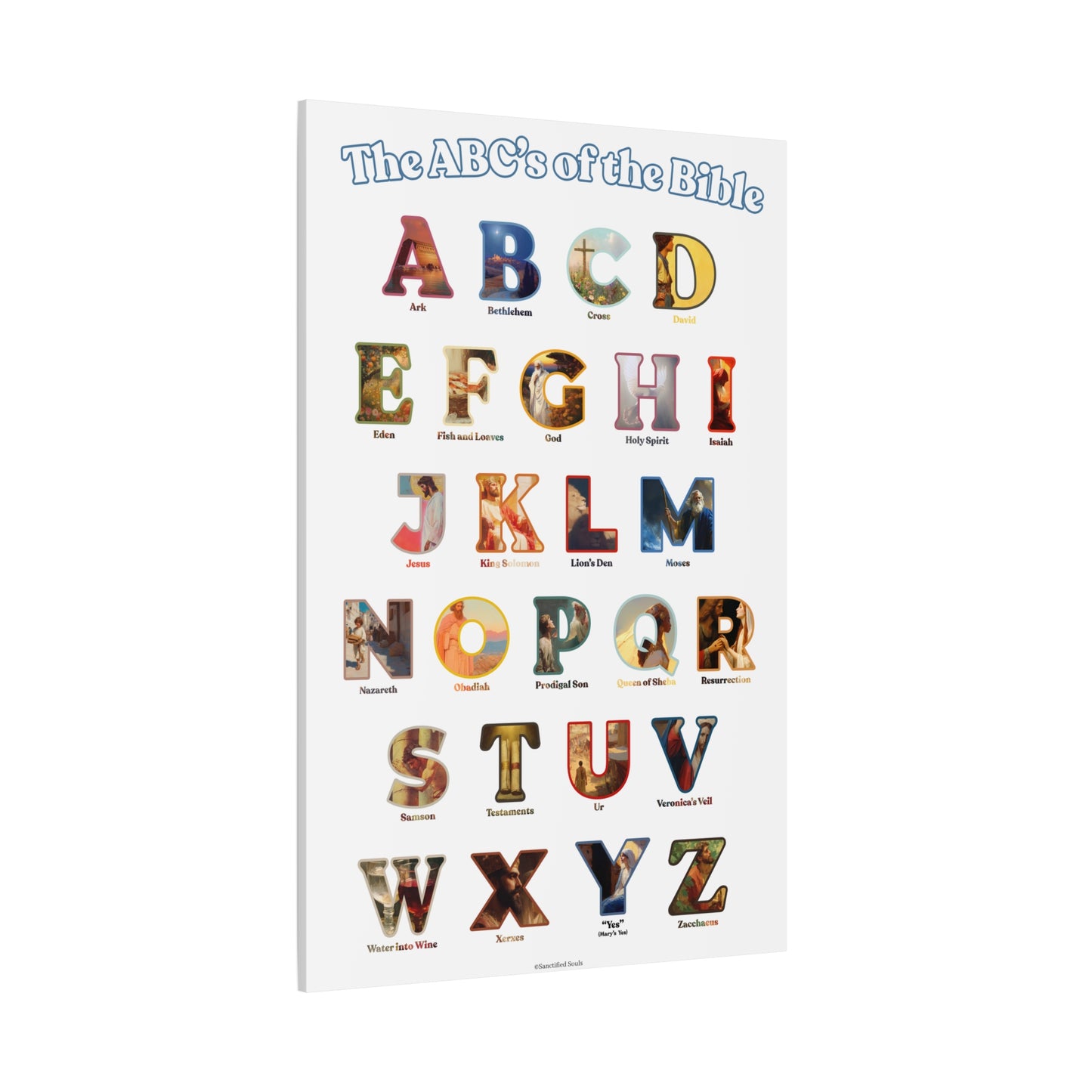 Catholic Bible ABC Prints - Alphabet Canvas - ABCs of the Bible Wall Art - Biblical People Places and Stories -  Homeschool / Sunday School