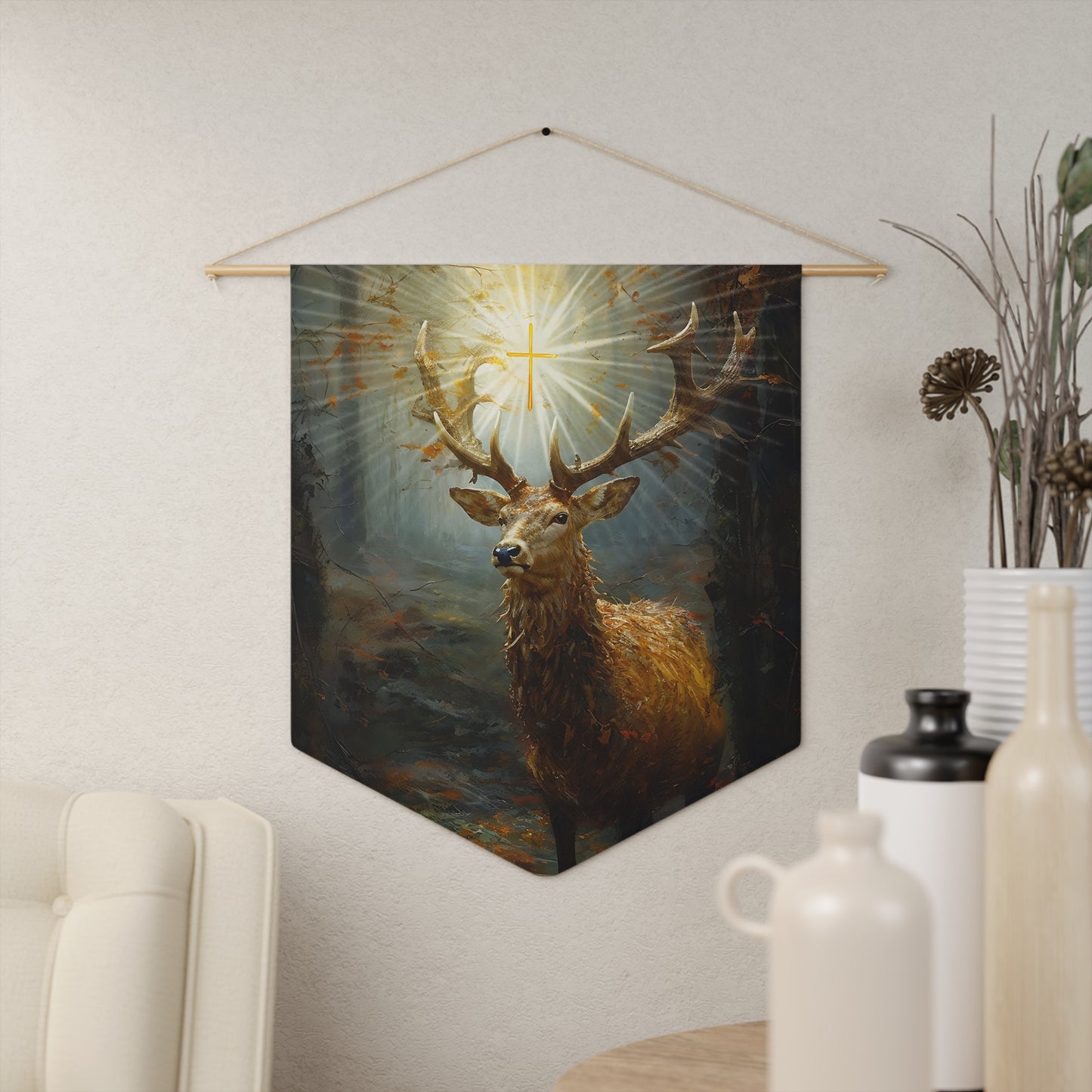 The Stag of Saint Hubert / Saint Hubertus Stag Banner / Wall Hanging - Prayer room art - Catholic Home Art - Large Print - 18" x 21"