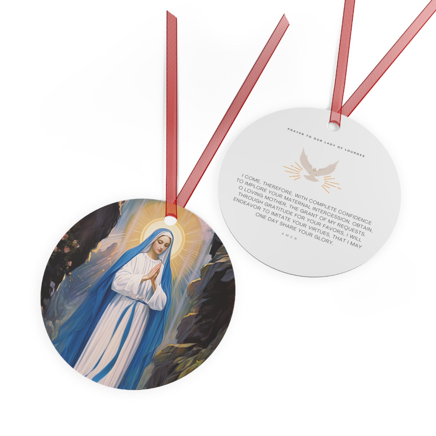 Our Lady of Lourdes Metal Ornament - Religious Holiday Christmas Ornament and Keepsake - Double sided