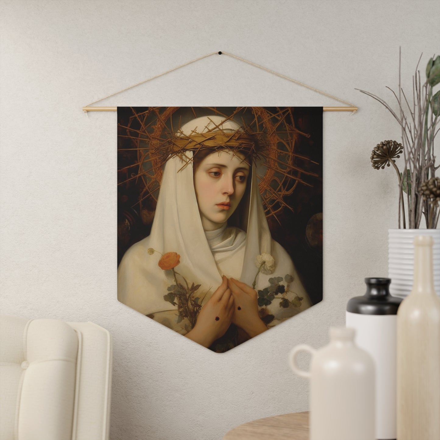 Saint Catherine of Siena Wall Banner / Wall Hanging - Prayer room art - Catholic - Large Saint Art - 18" x 21"