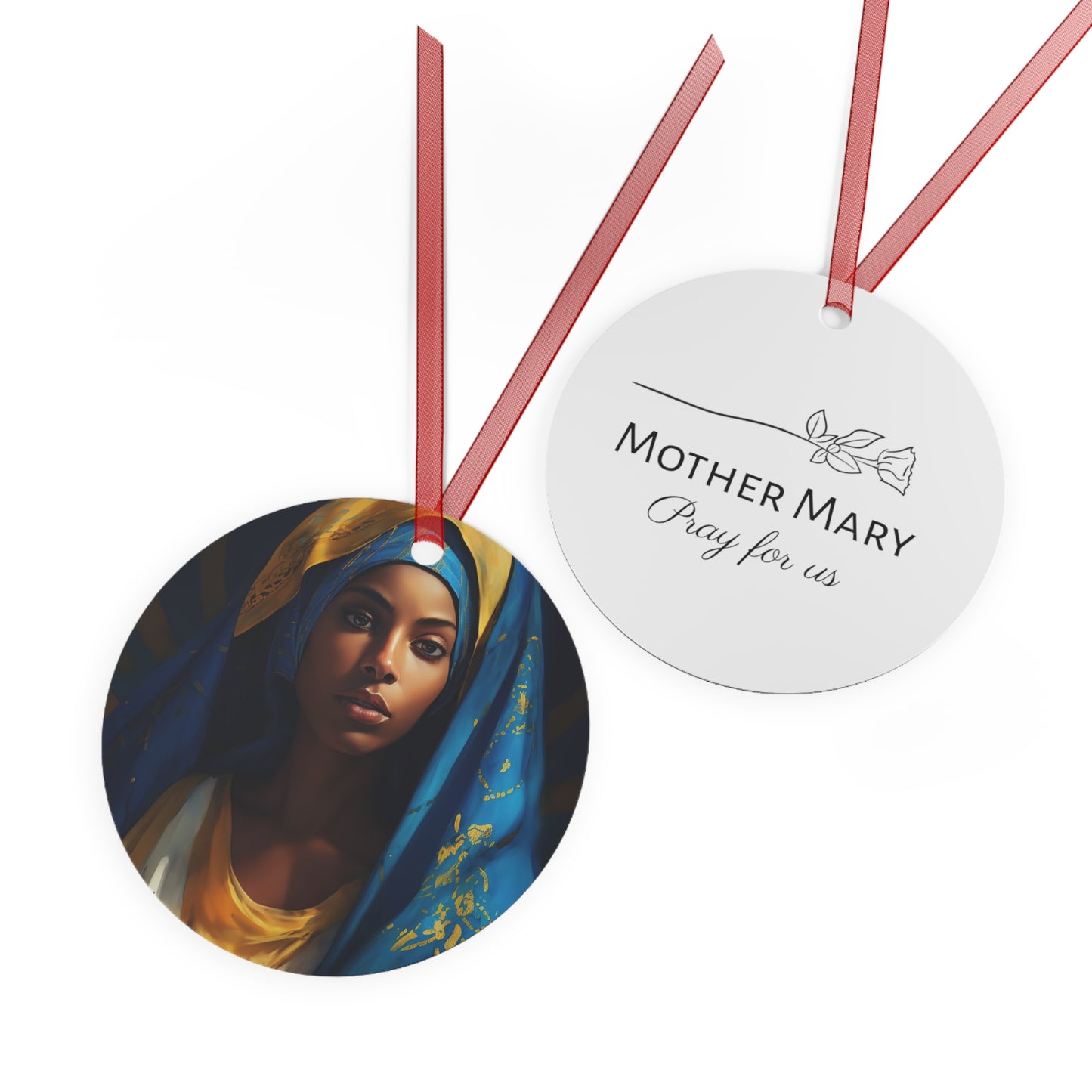 Mary the Blessed Virgin Metal Ornament - Religious Holiday Christmas Ornament and Keepsake - Double sided - Prayer Ornament - Black Madonna