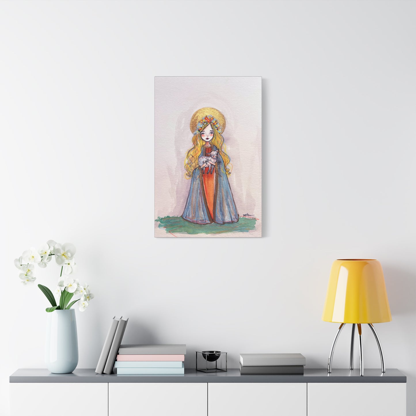 Saint Agnes of Rome Catholic Canvas Print | Christian Sacred Art | Hand-Drawn Watercolor Devotional Wall Art Religious Artwork