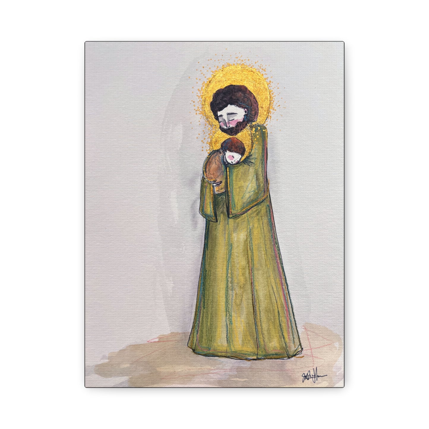 Saint Joseph and Child Jesus Catholic Canvas Print | Hand-Drawn Watercolor Sacred Art | Christian Devotional Wall Art