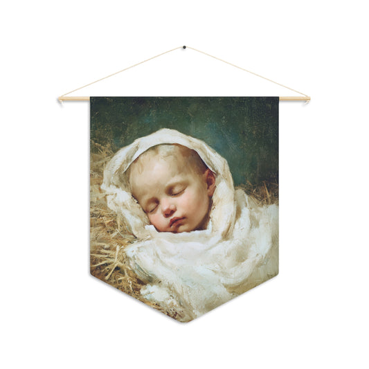 The Christ Child Resting in the Silence of the Manger - Wall Banner / Wall Hanging - Christian Art - Prayer room - 18" x 21"