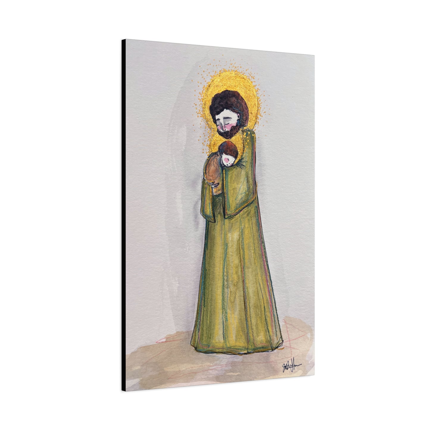 Saint Joseph and Child Jesus Catholic Canvas Print | Hand-Drawn Watercolor Sacred Art | Christian Devotional Wall Art