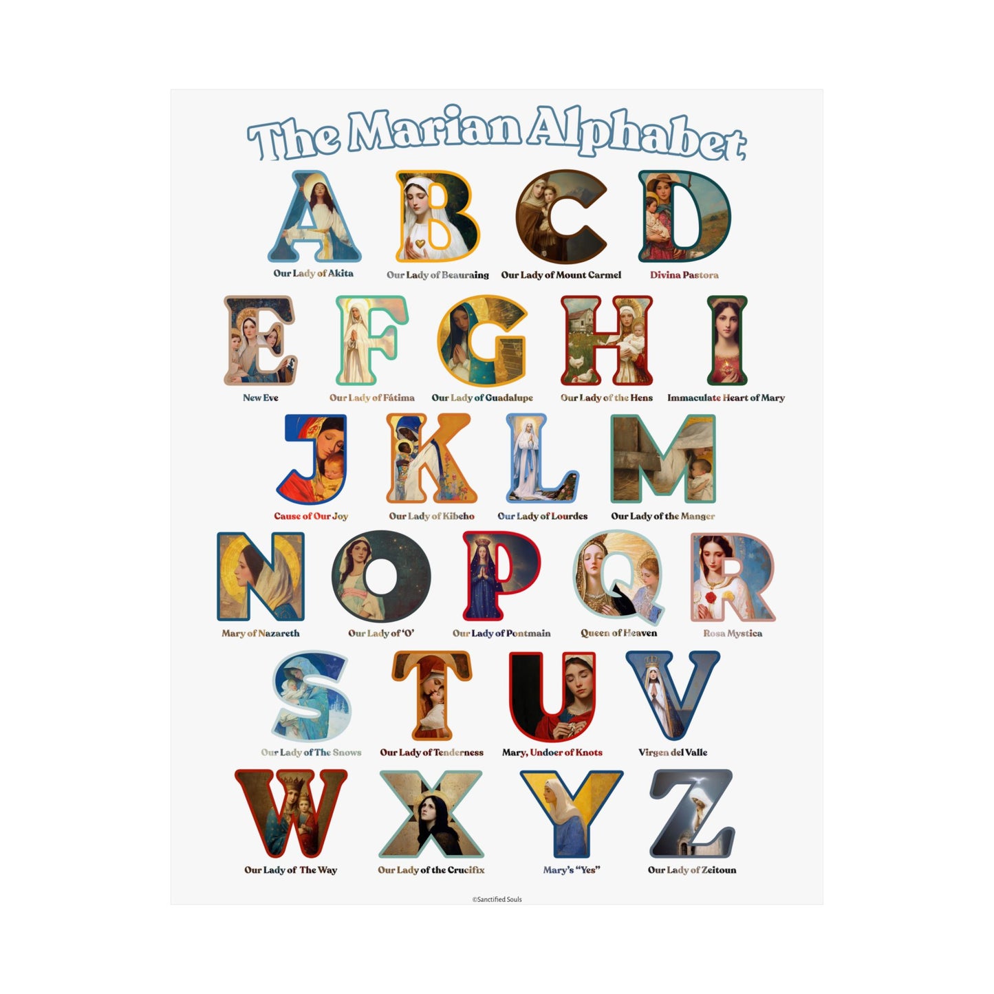 Catholic Marian Alphabet Poster - ABC Wall Art - Marian Titles Catholic Print - Catholic Nursery or Homeschool Faith Decor - Mother Mary Art