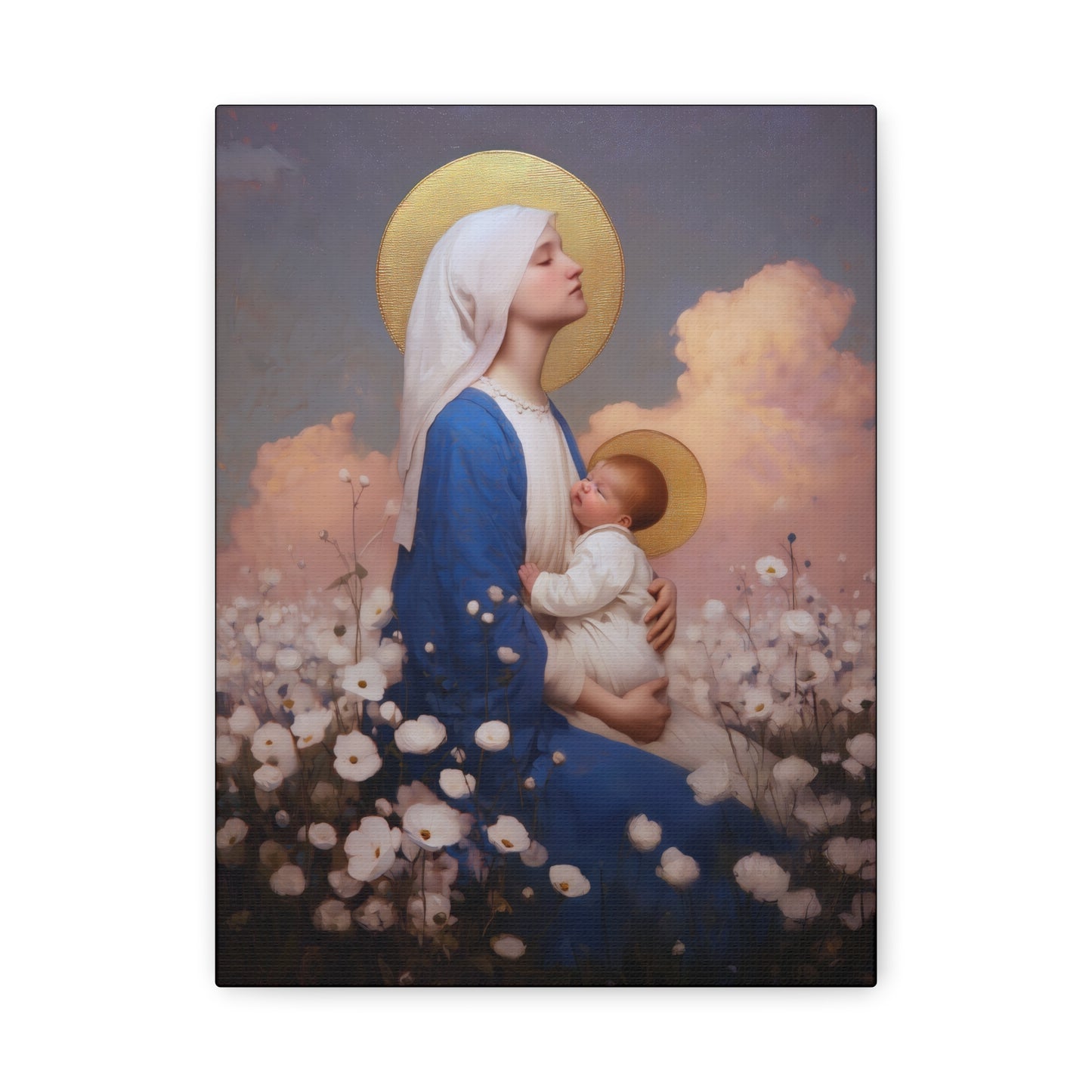 Mother Mary - Our Lady Among the Flowers -  Museum Wrapped Canvas - Sanctified Souls Print - Religious Art for your Home - Catholic Mother Mary Art