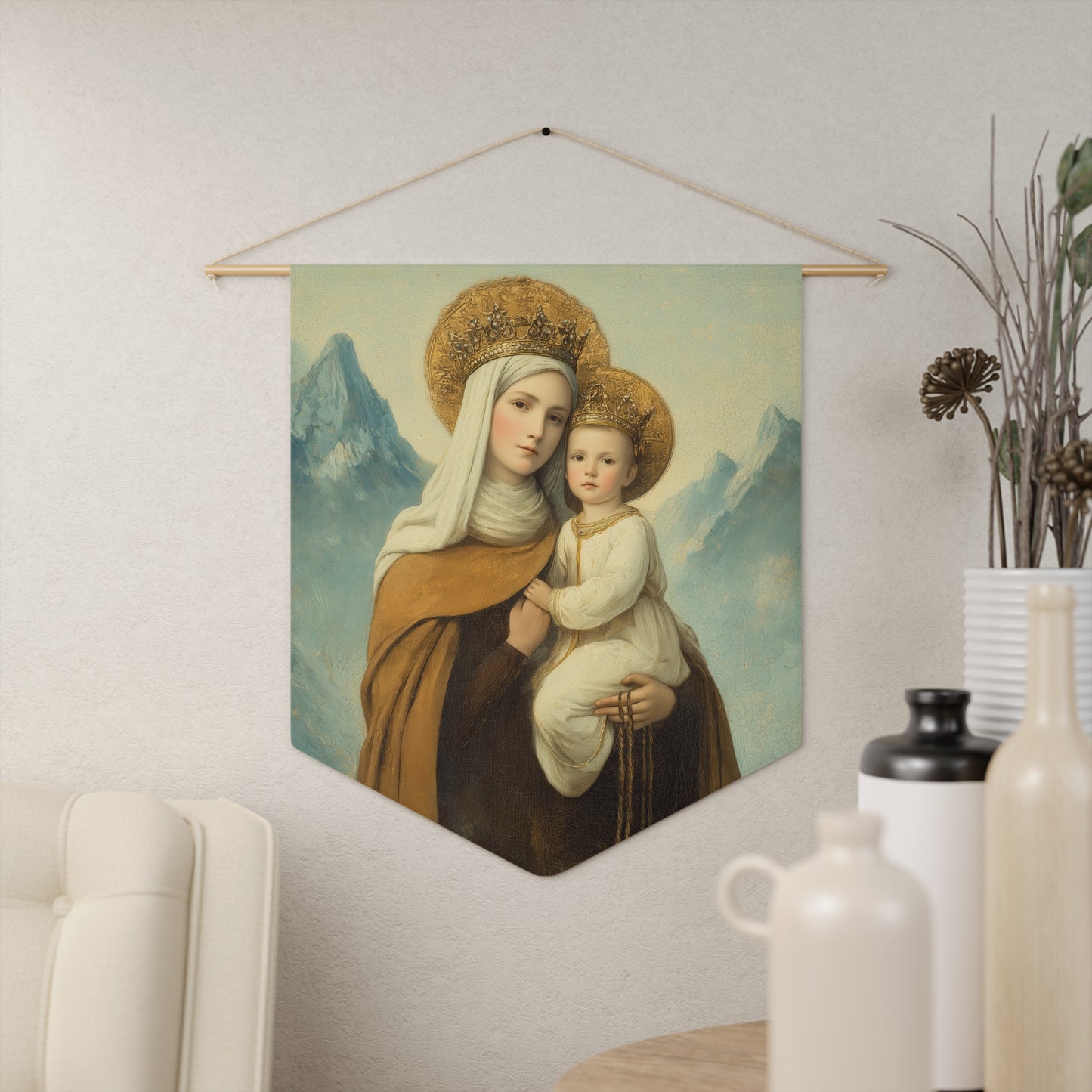 The Gift of the Scapular - Our Lady of Mount Carmel Pennant / Banner / Wall Hanging - Prayer room art - Catholic Home - 18" x 21"