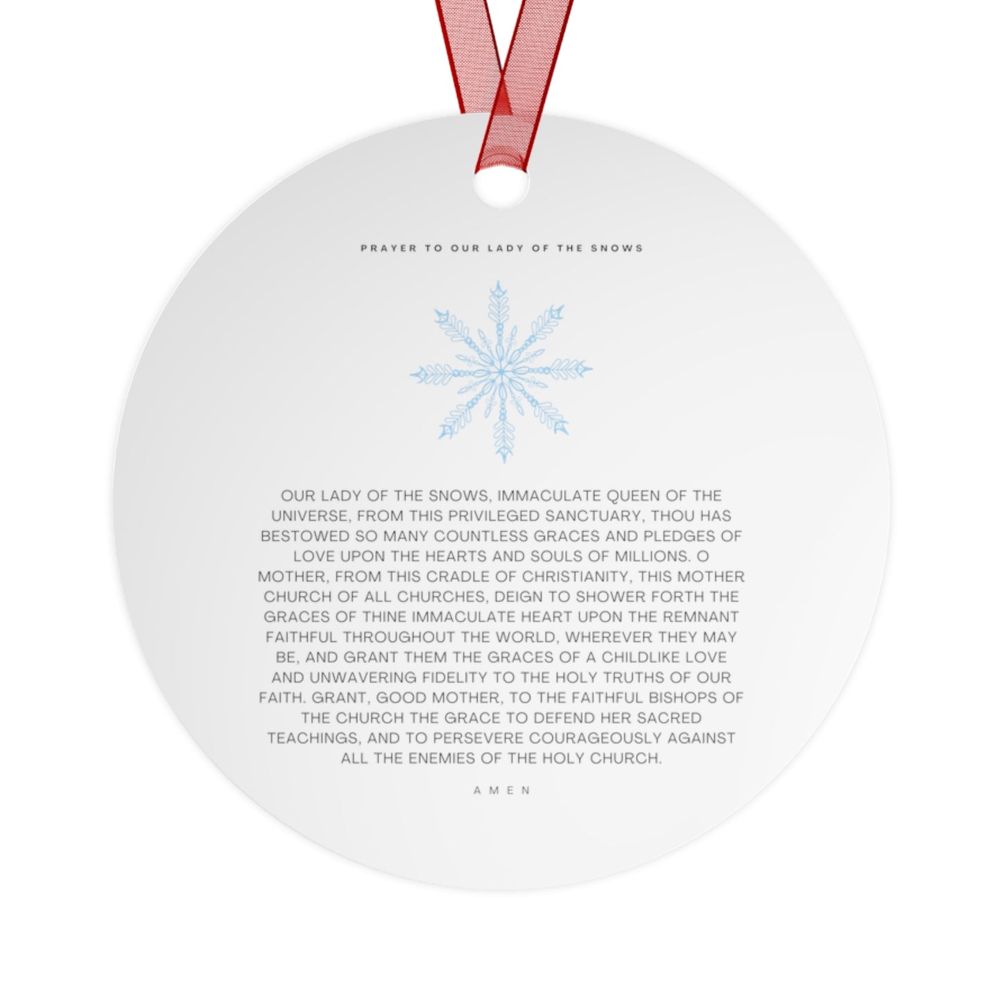 Divine Frost - Our Lady of the Snows Metal Ornament - Religious Holiday Christmas Ornament and Keepsake - Double sided - Prayer Ornament