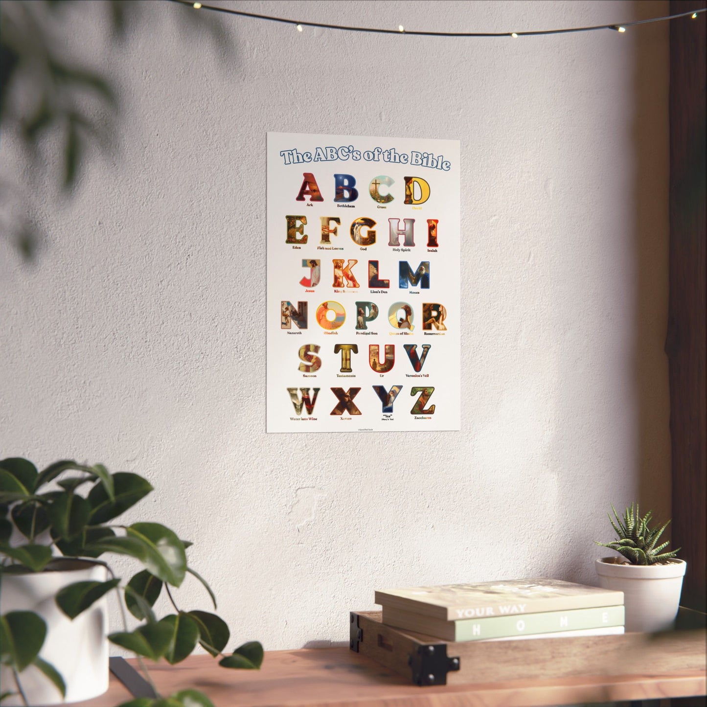 Bible ABC Poster - ABCs of the Bible Wall Art - Biblical People Places and Stories Chart - Christian Homeschool or Sunday School Decor