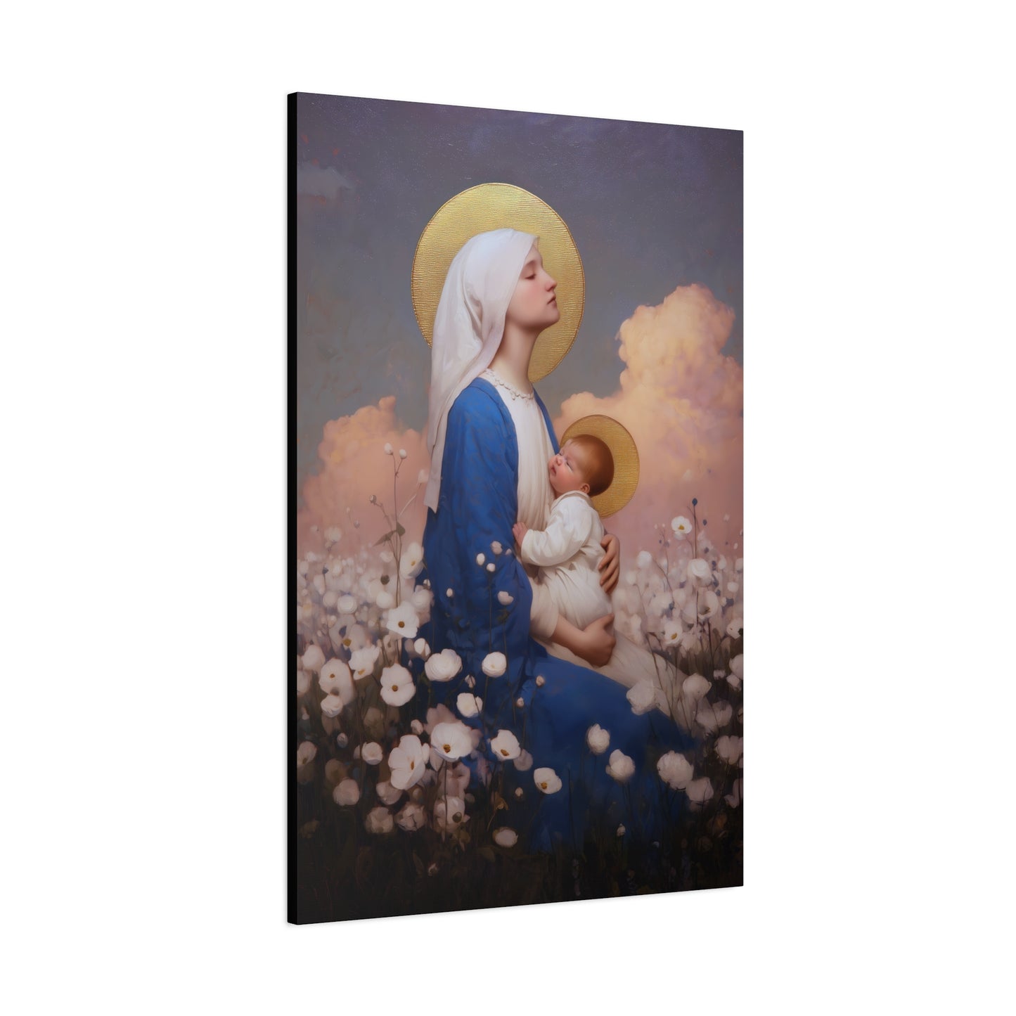 Mother Mary - Our Lady Among the Flowers -  Museum Wrapped Canvas - Sanctified Souls Print - Religious Art for your Home - Catholic Mother Mary Art