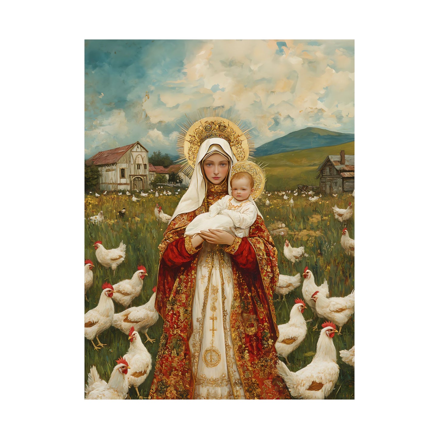 Our Lady of the Hens: Protector of the Humble Flock - Sanctified Souls Print - Multiple Sizes - Premium Posters - Catholic Art - Christian