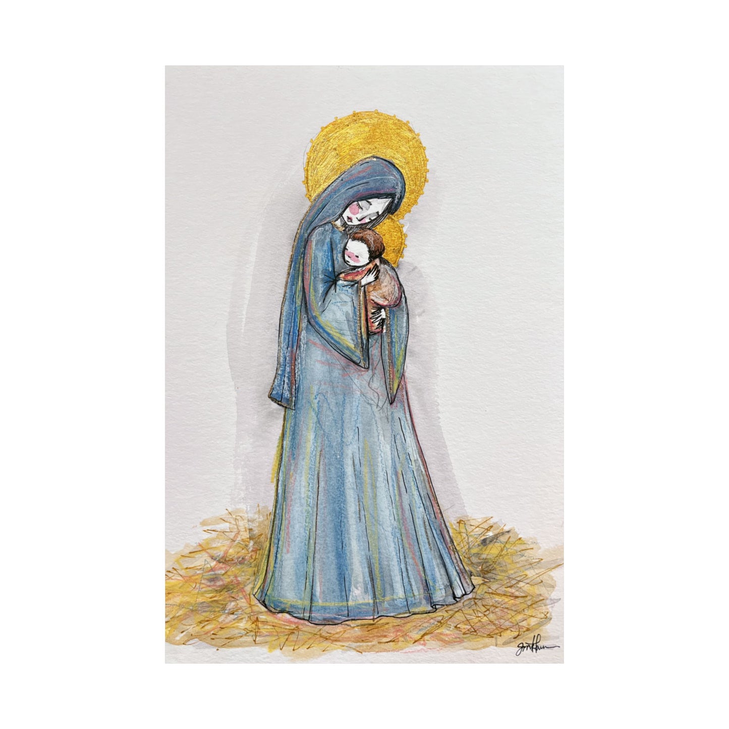 Our Lady of the Manger Catholic Art Print | Hand-Drawn Watercolor Virgin Mary Artwork | Christian Devotional Wall Art