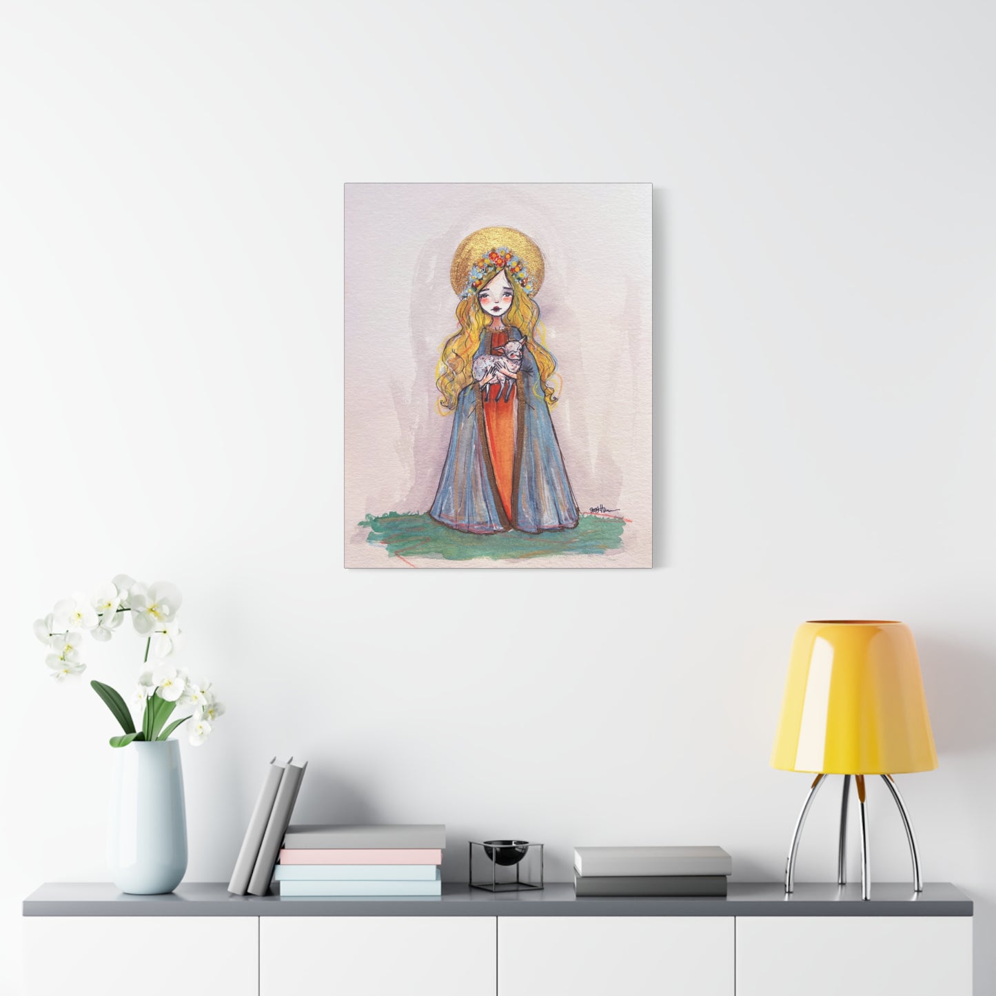 Saint Agnes of Rome Catholic Canvas Print | Christian Sacred Art | Hand-Drawn Watercolor Devotional Wall Art Religious Artwork