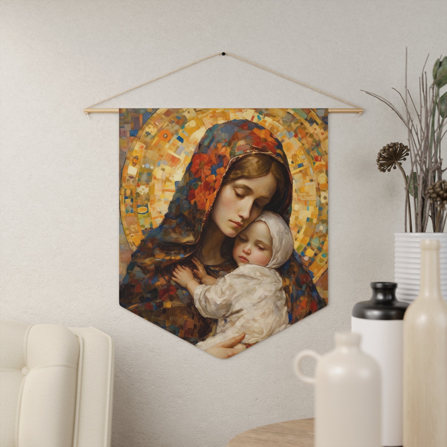 Holy Maternal Bond - Mary and the Christ Child Banner / Wall Hanging - Prayer room art - Catholic Home Art - Large - 18" x 21"