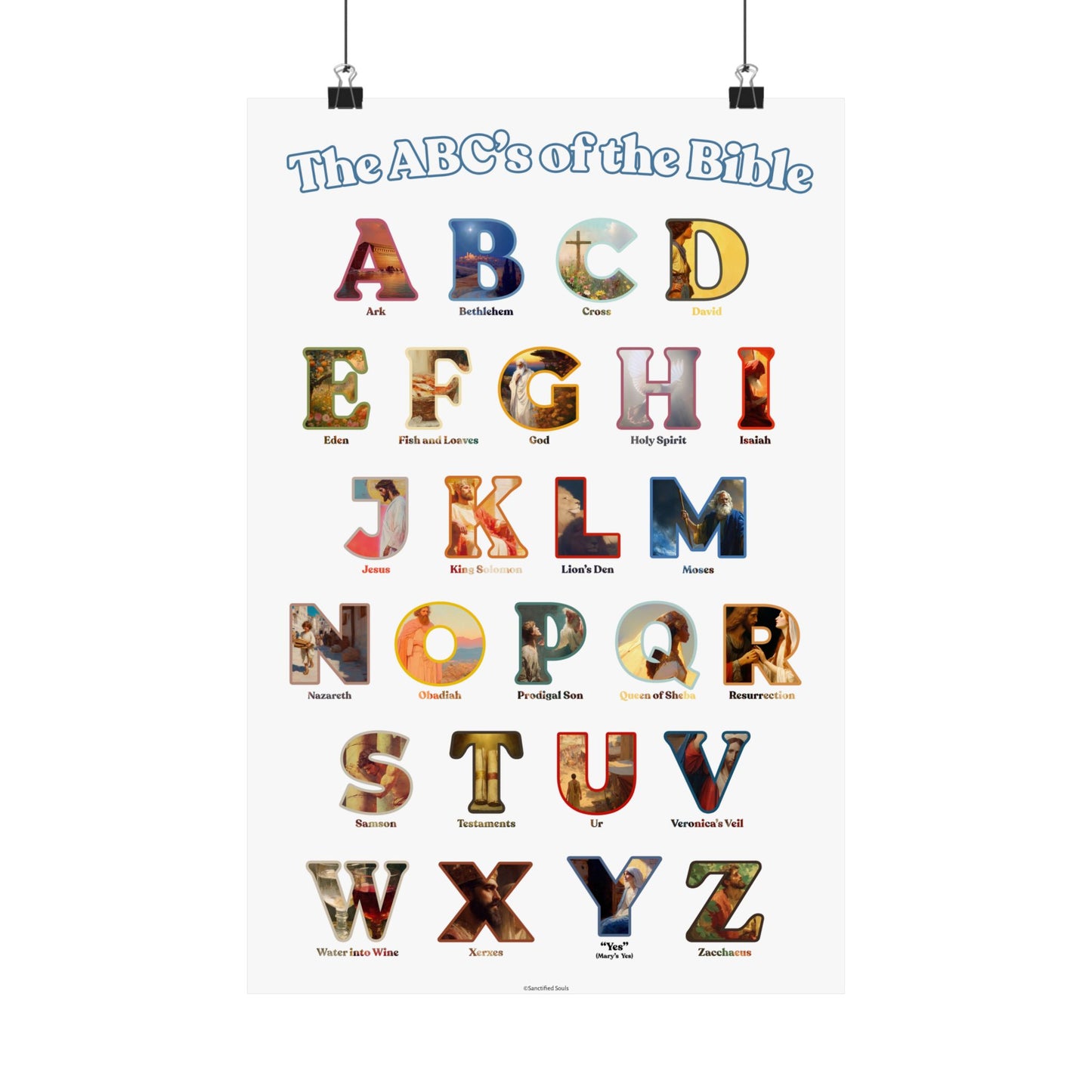 Bible ABC Poster - ABCs of the Bible Wall Art - Biblical People Places and Stories Chart - Christian Homeschool or Sunday School Decor