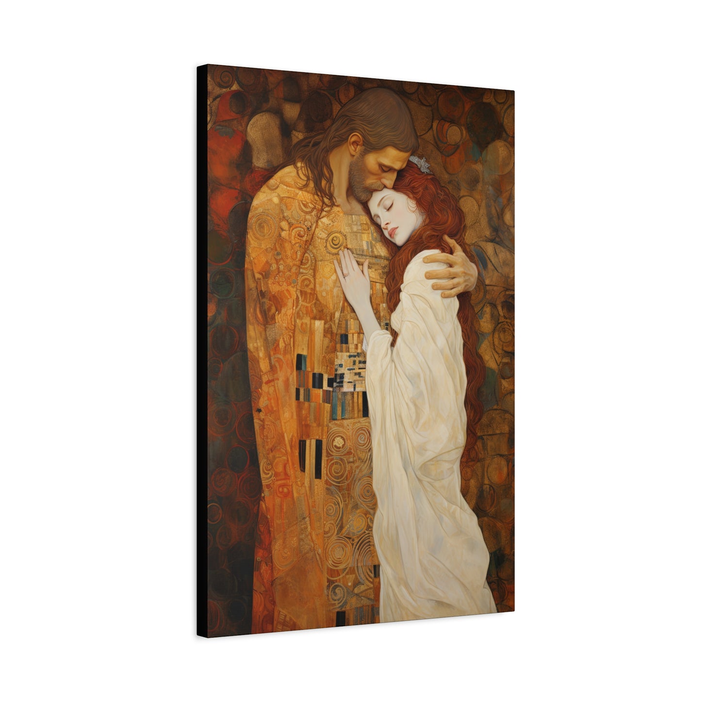 Transcendent Devotion: Christ Embracing Mary Magdalene Museum Wrapped Canvas - Sanctified Souls Print - Based on Klimt's The Kiss